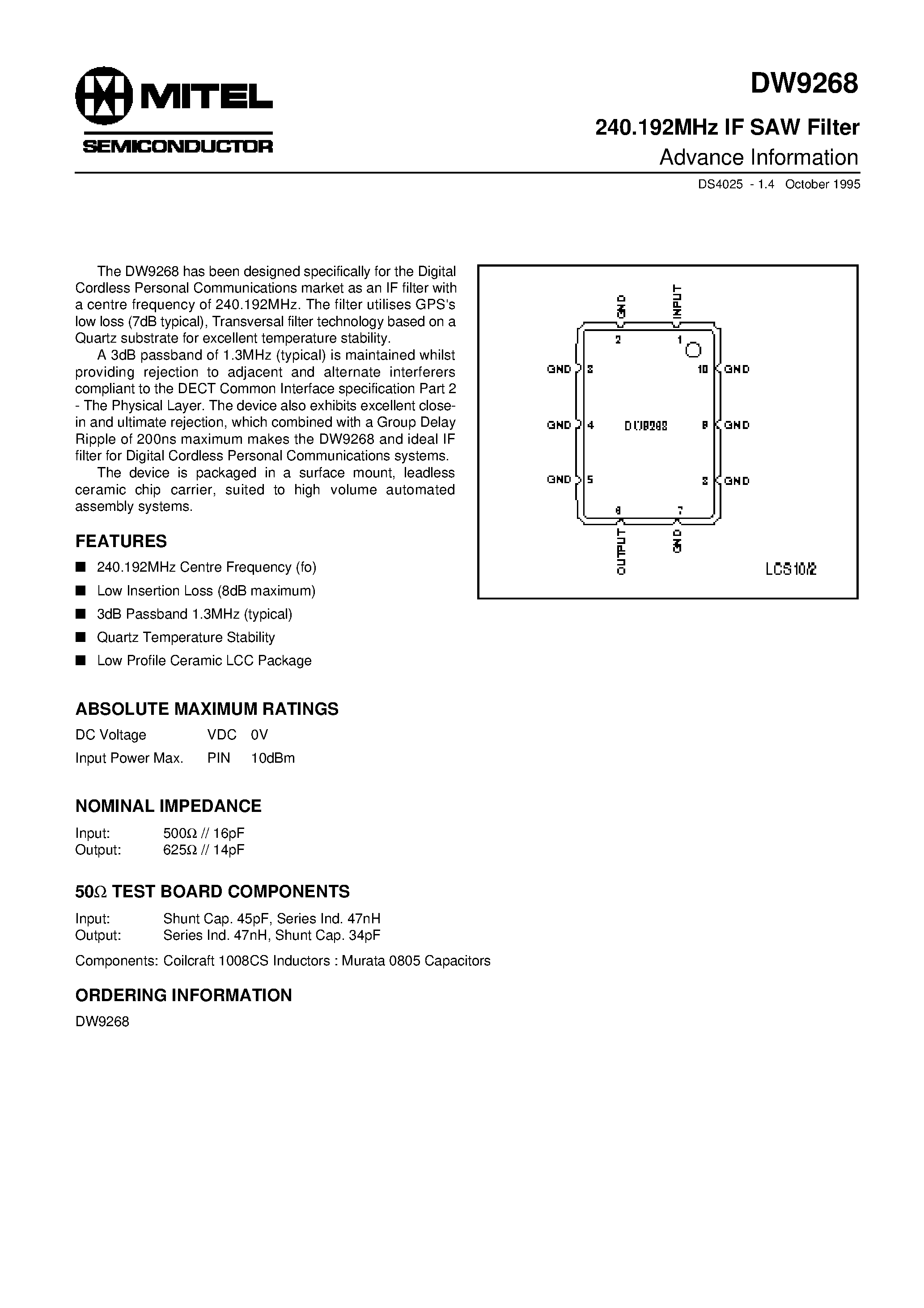 Даташит DS4025 - 240.192MHz IF SAW Filter Advance Information страница 1