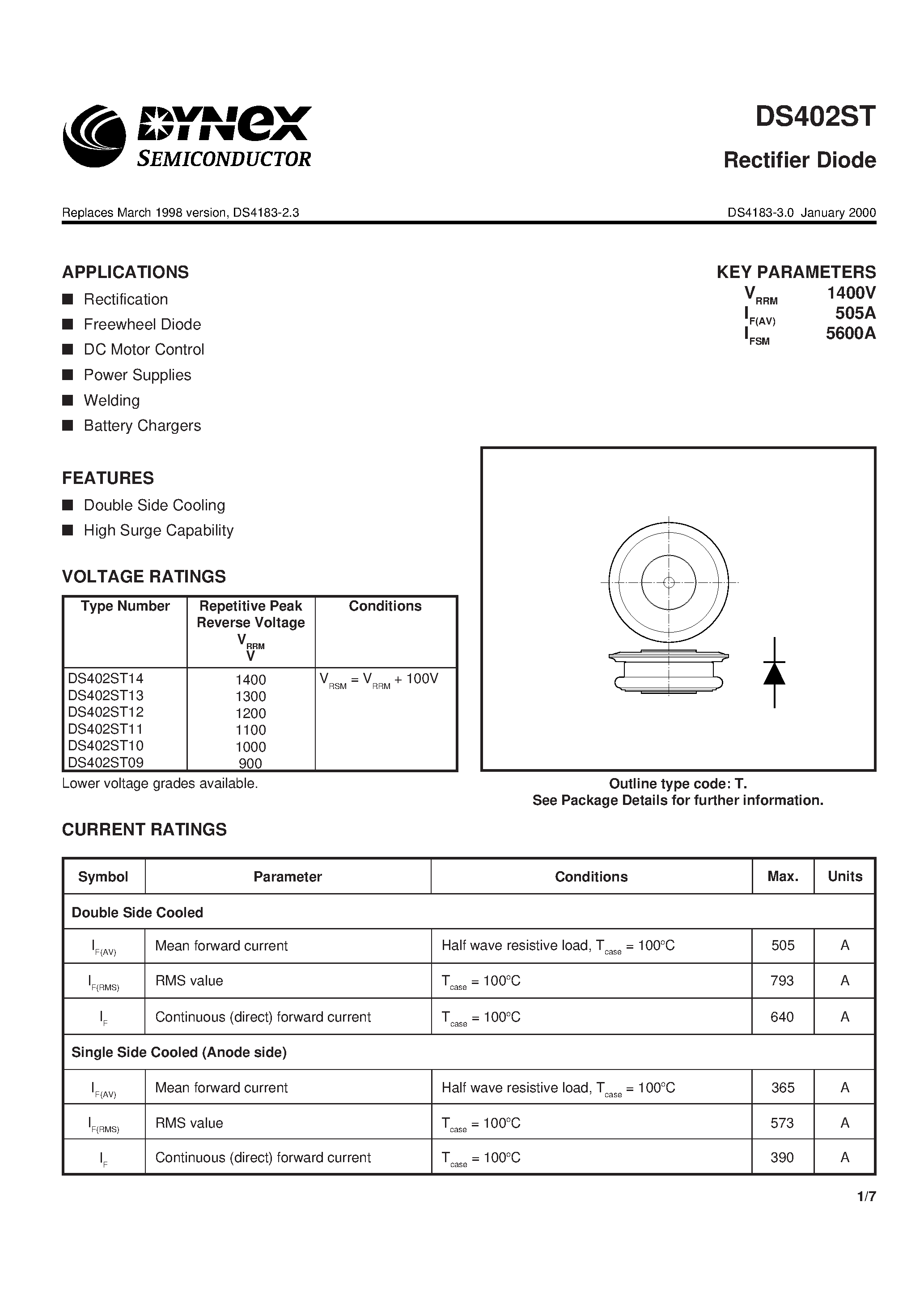 Datasheet DS402ST10 page 1 Datasheet DS402ST10 - Rectifier Diode page 1