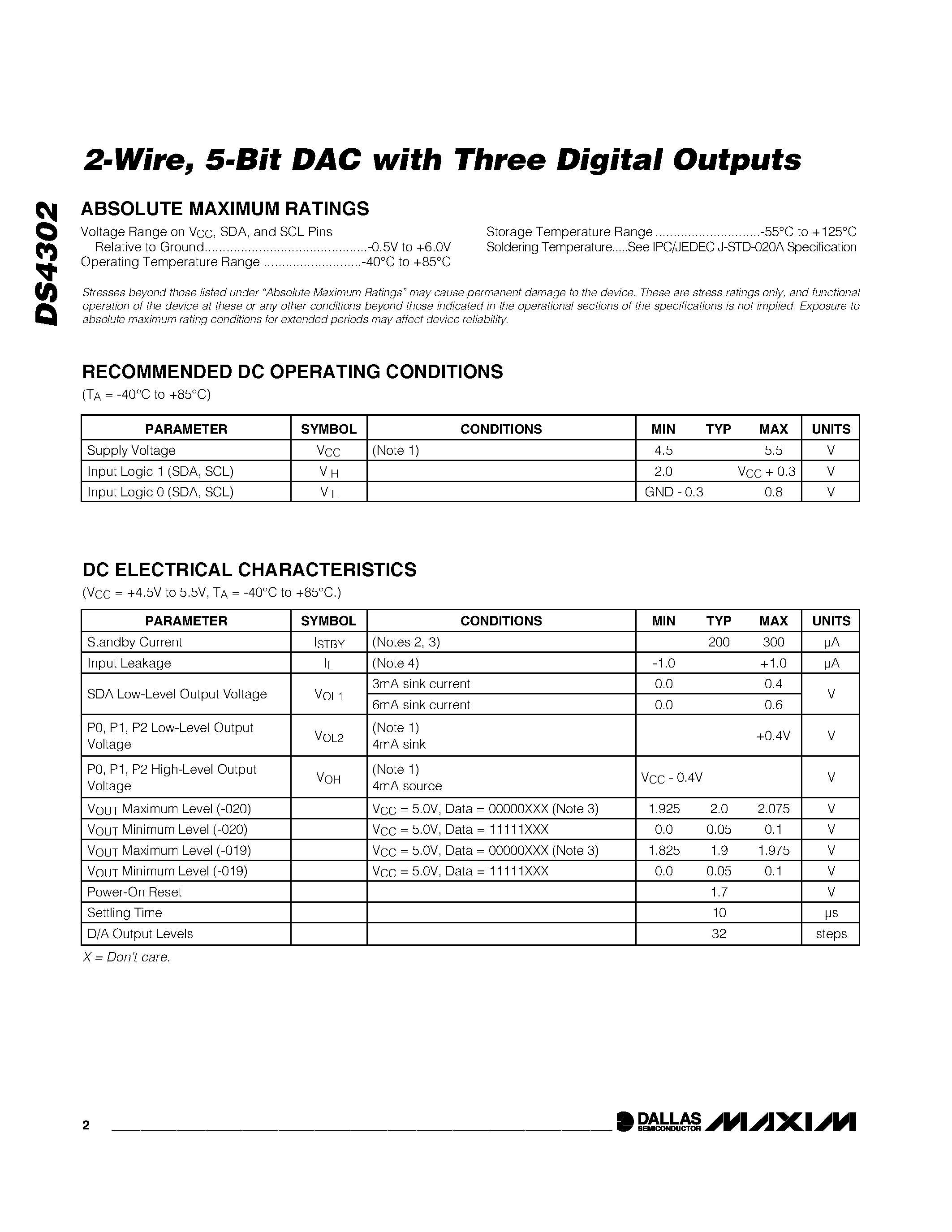 Datasheet DS4302 - 2-Wire/ 5-Bit DAC with Three Digital Outputs page 2