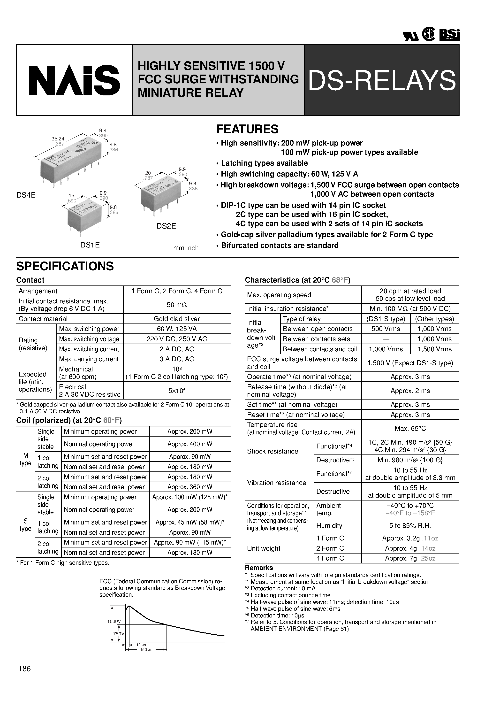 Datasheet DS4E-ML-DC12V - HIGHLY SENSITIVE 1500 V FCC SURGE WITHSTANDING MINIATURE RELAY page 1