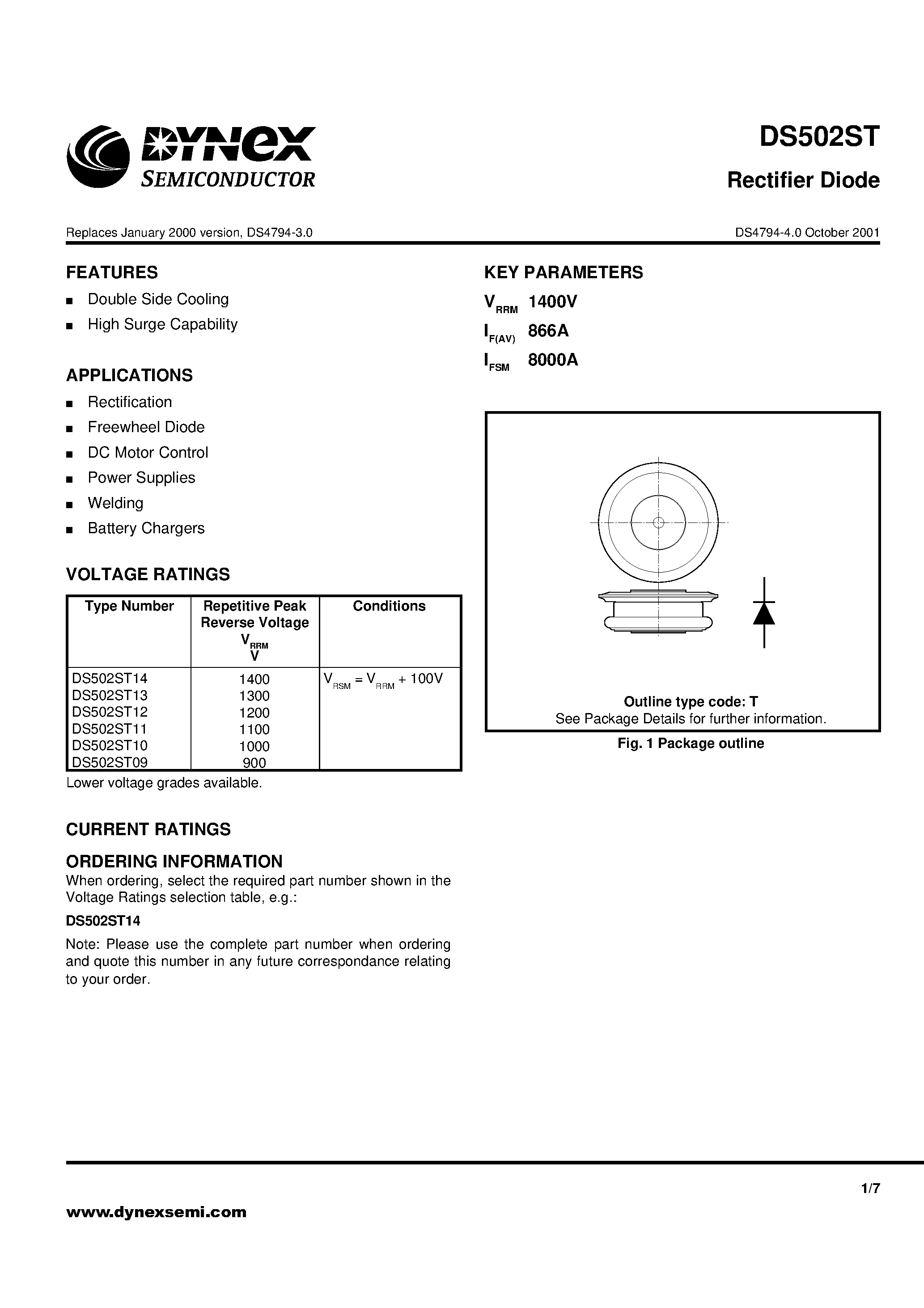 Datasheet DS502ST10 page 1 Datasheet DS502ST10 - Rectifier Diode page 1