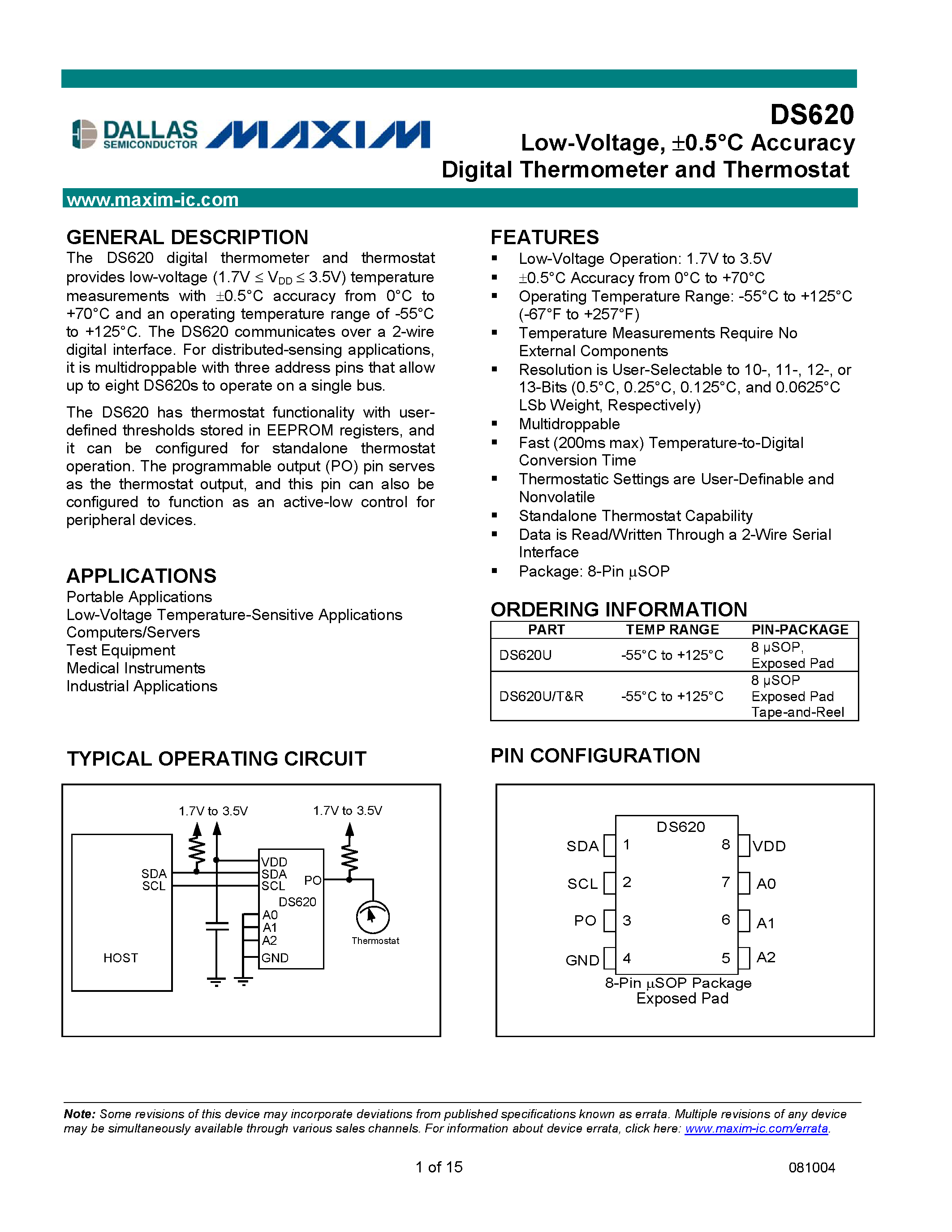 Datasheet DS620U page 1 Datasheet DS620U - Low-Voltage/ 0.5C Accuracy Digital Thermometer and Thermostat page 1