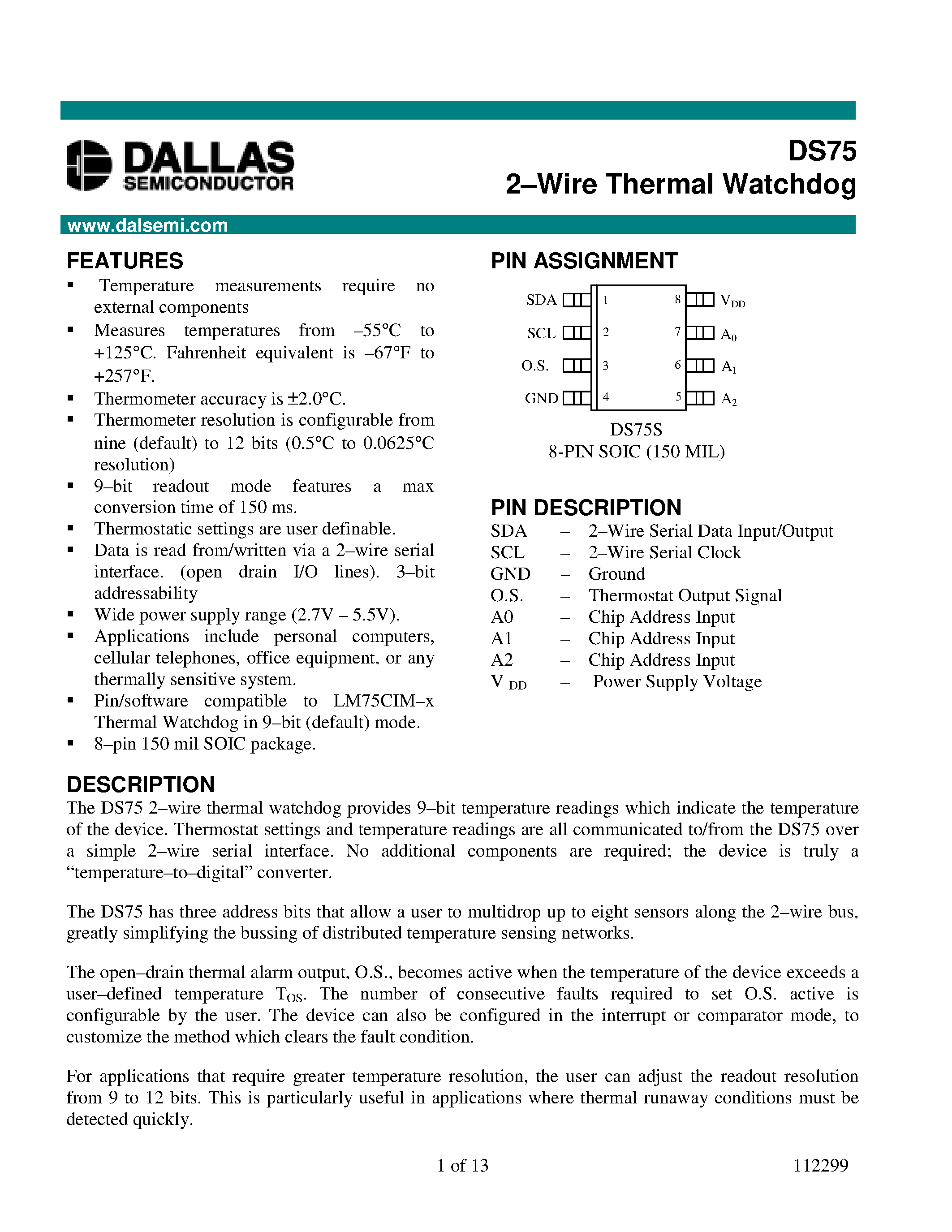 Даташит на микросхему DS75 страница 1 Даташит DS75 - 2.Wire Thermal Watchdog страница 1