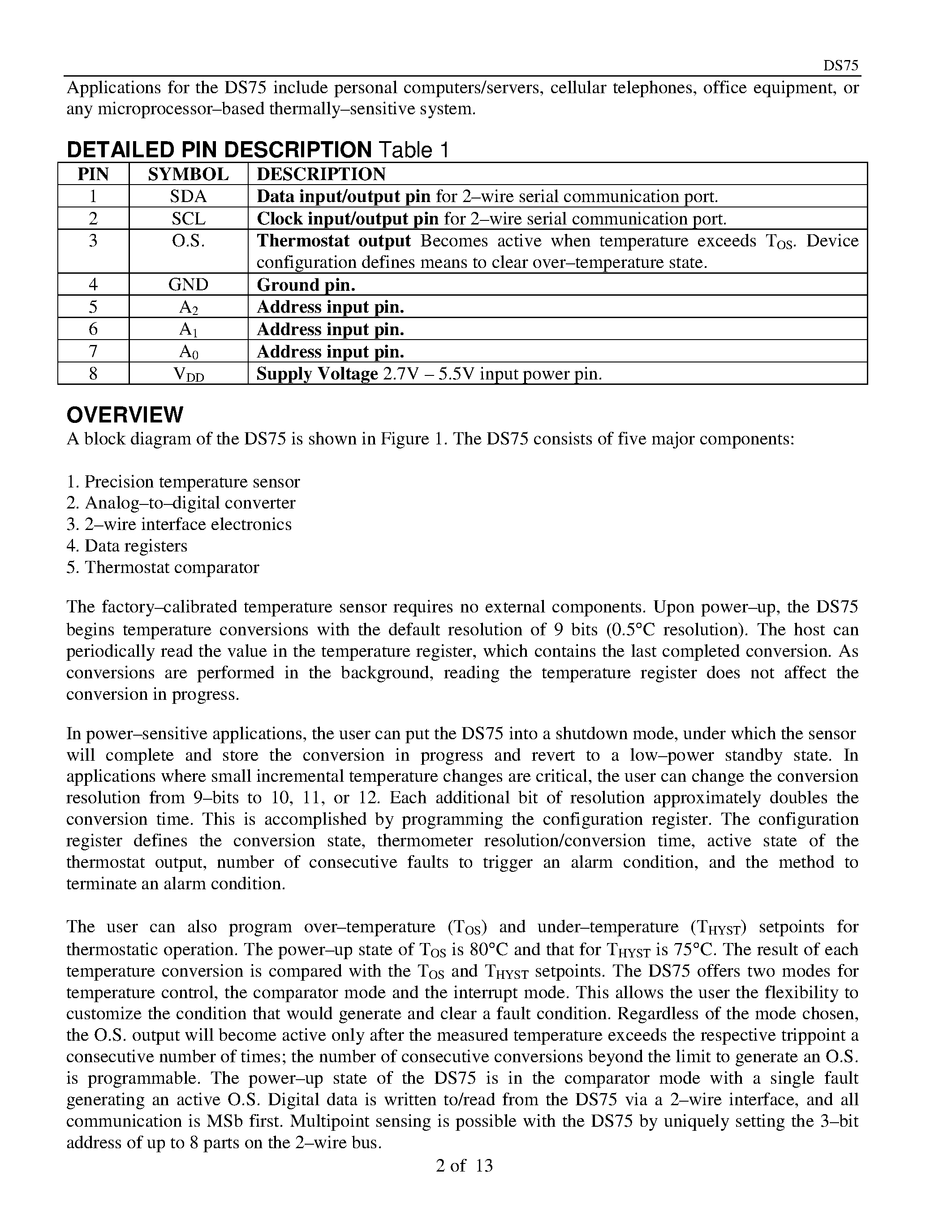 Даташит на микросхему DS75 страница 2 Даташит DS75 - 2.Wire Thermal Watchdog страница 2