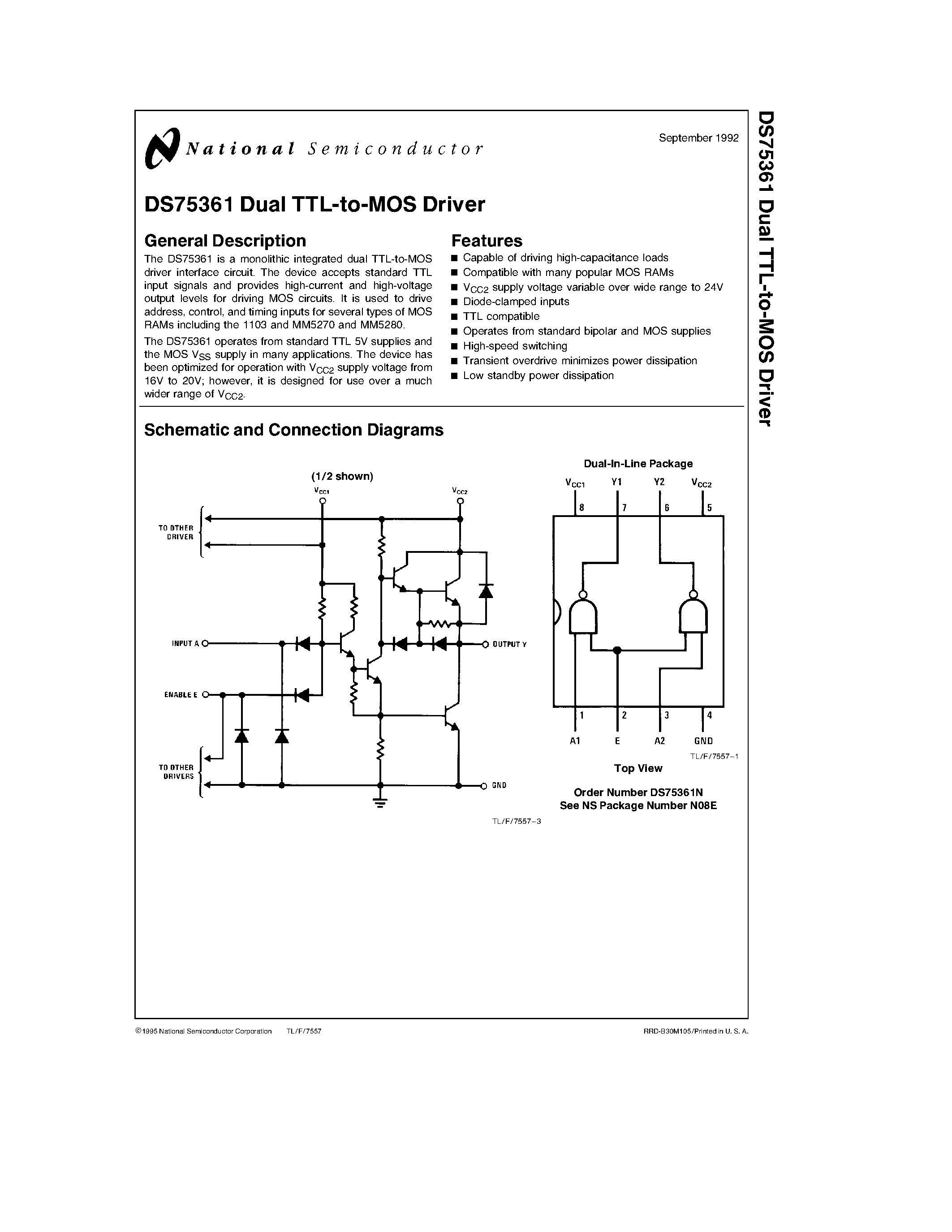Datasheet DS75361N page 1 Datasheet DS75361N - Dual TTL-to-MOS Driver page 1