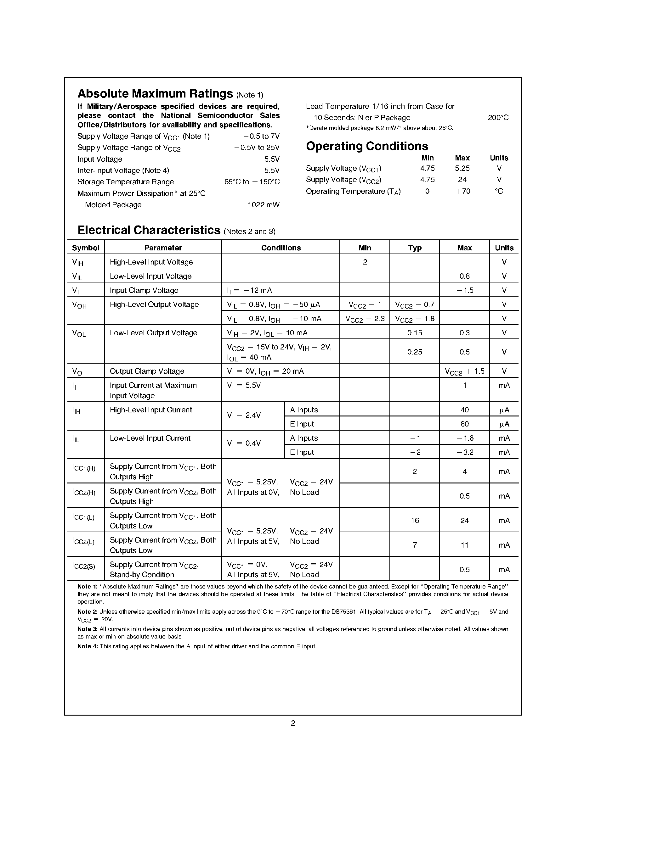 Datasheet DS75361N page 2 Datasheet DS75361N - Dual TTL-to-MOS Driver page 2