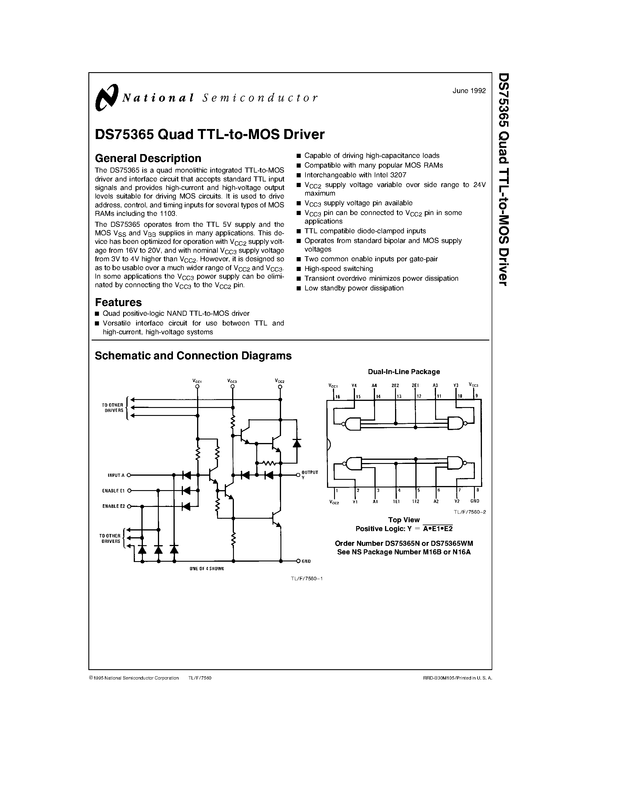 Datasheet DS75365N page 1 Datasheet DS75365N - Quad TTL-to-MOS Driver page 1