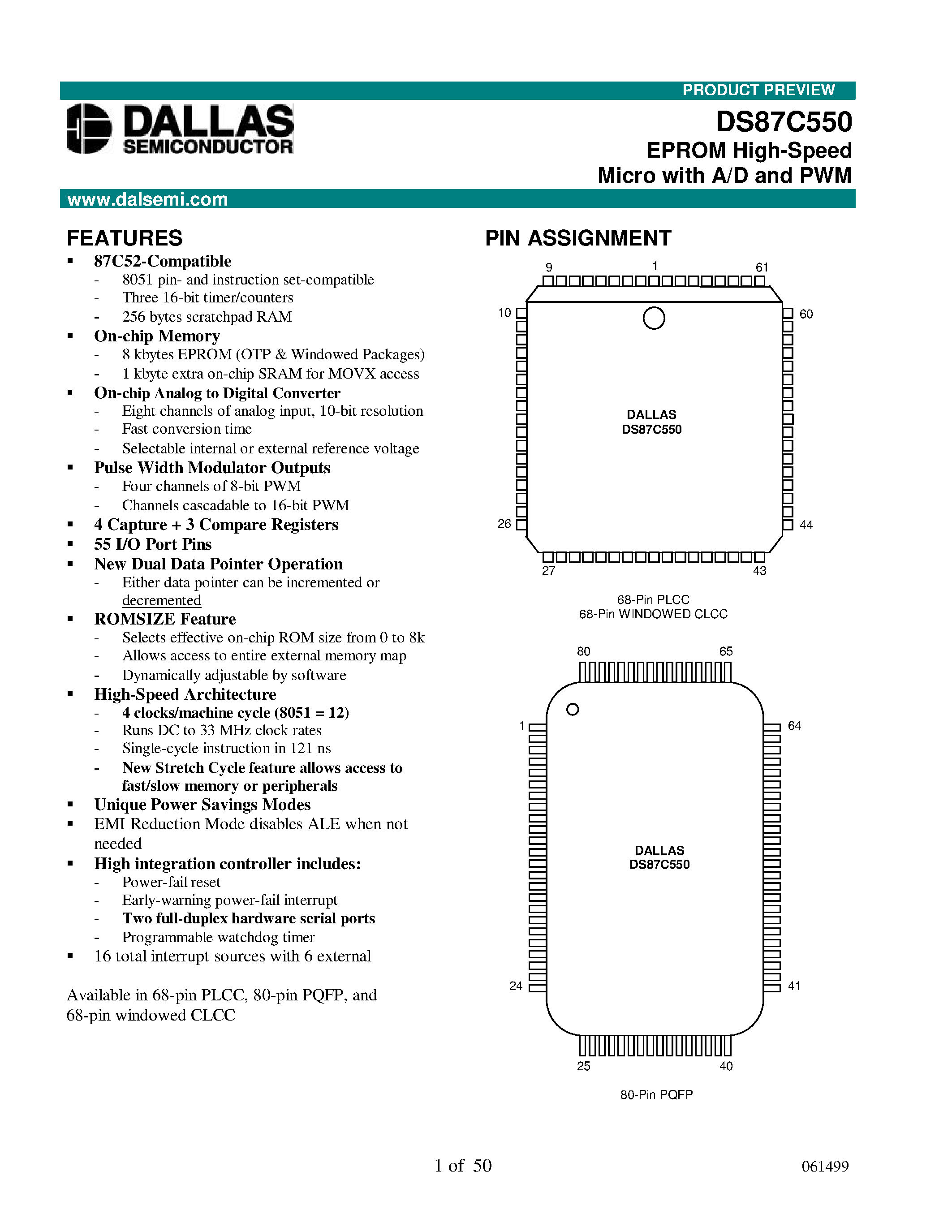 Datasheet DS87C550-FCL - EPROM High-Speed Micro with A/D and PWM page 1