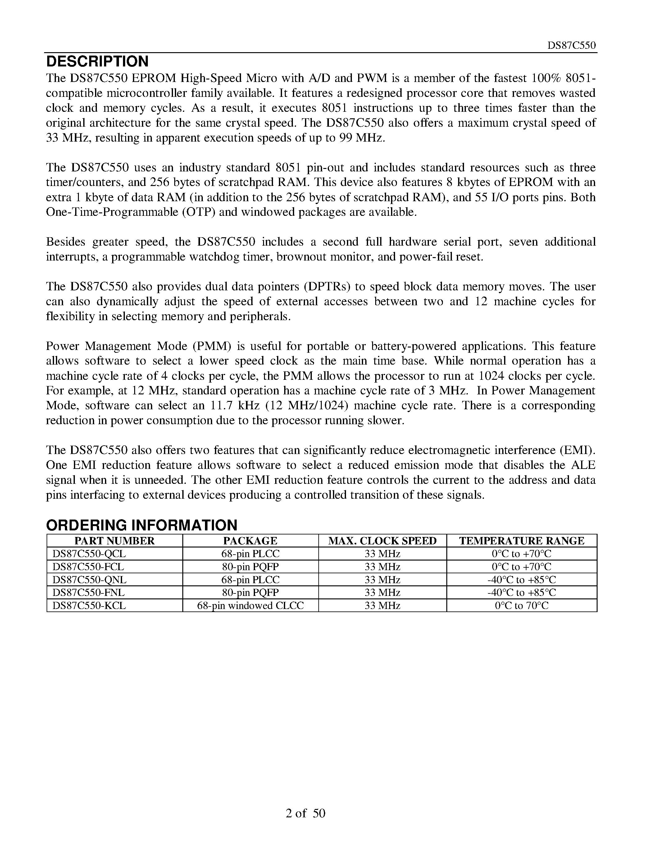 Datasheet DS87C550-QCL - EPROM High-Speed Micro with A/D and PWM page 2