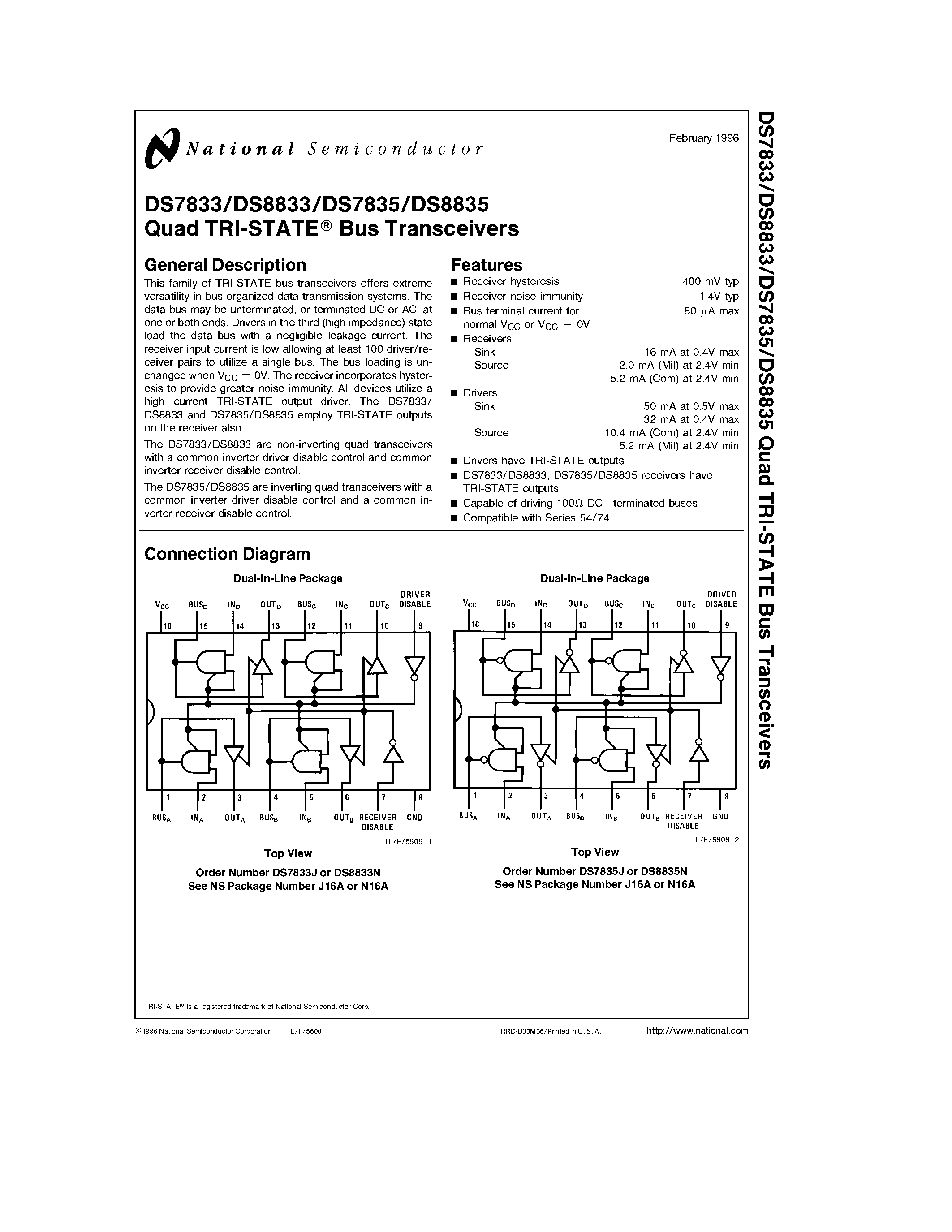 Даташит на микросхему DS8833N страница 1 Даташит DS8833N - Quad TRI-STATE Bus Transceivers страница 1