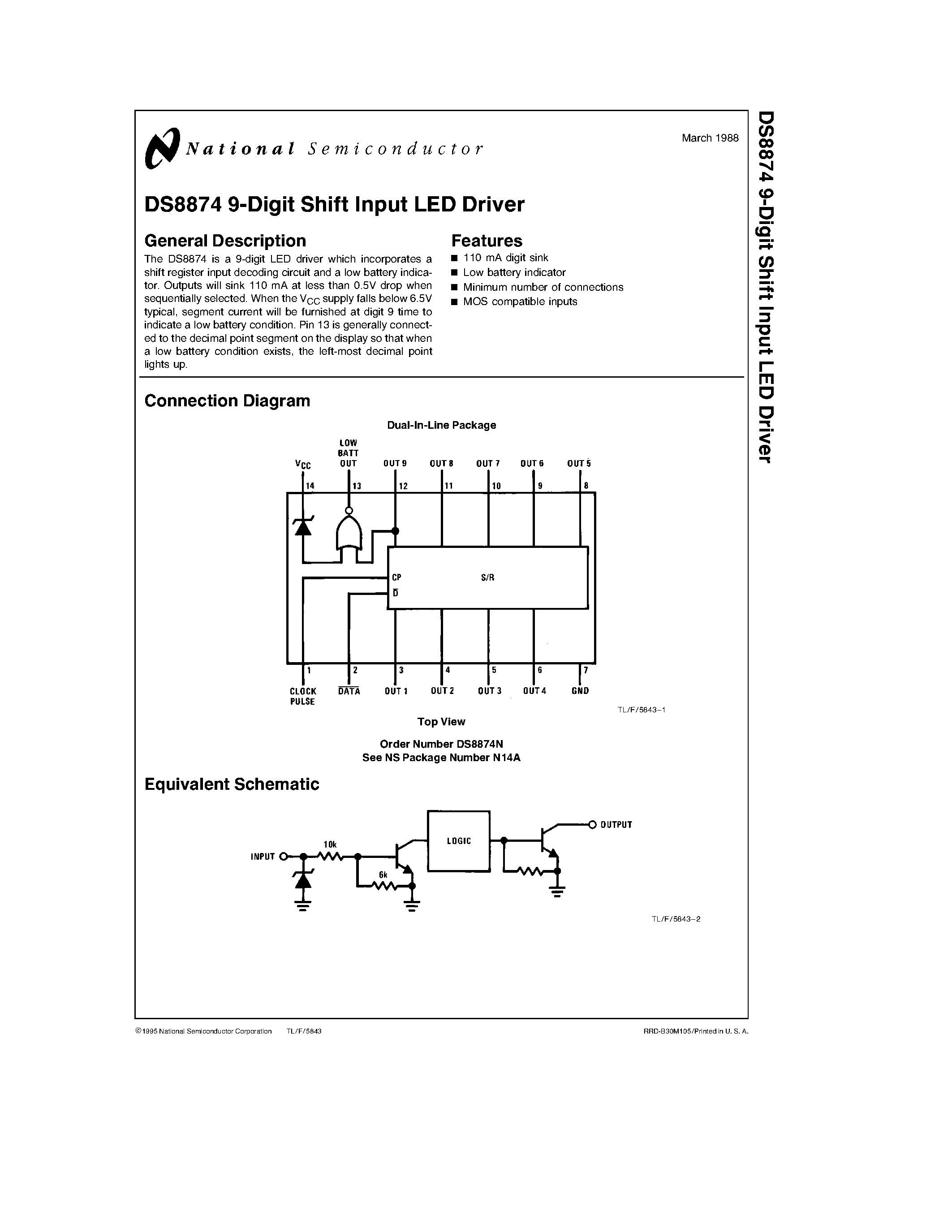 Даташит DS8874 - DS8874 9-Digit Shift Input LED Driver страница 1