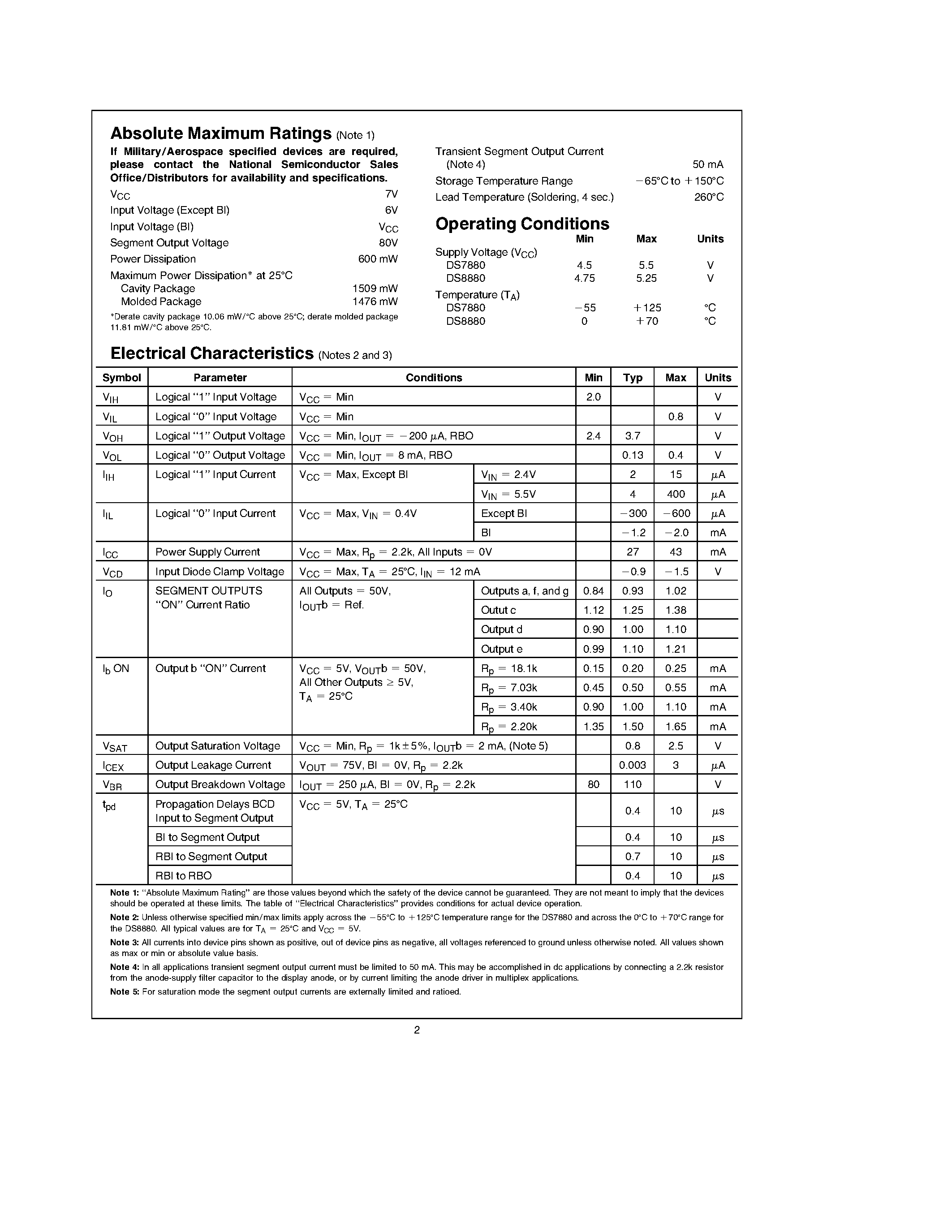 Datasheet DS8880N - High Voltage 7-Segment Decoder/Driver page 2