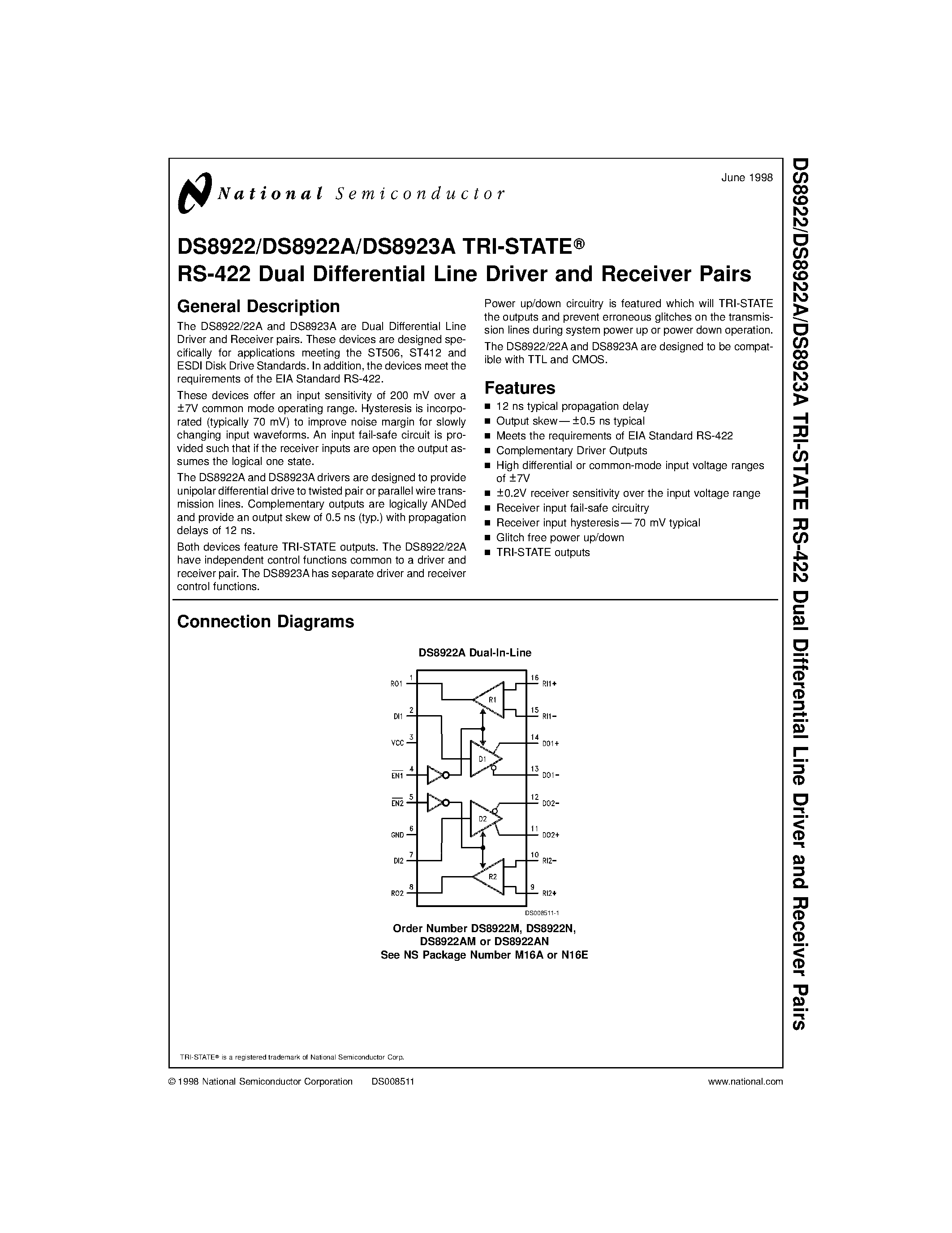 Даташит на микросхему DS8922AM страница 1 Даташит DS8922AM - TRI-STATE RS-422 Dual Differential Line Driver and Receiver Pairs страница 1