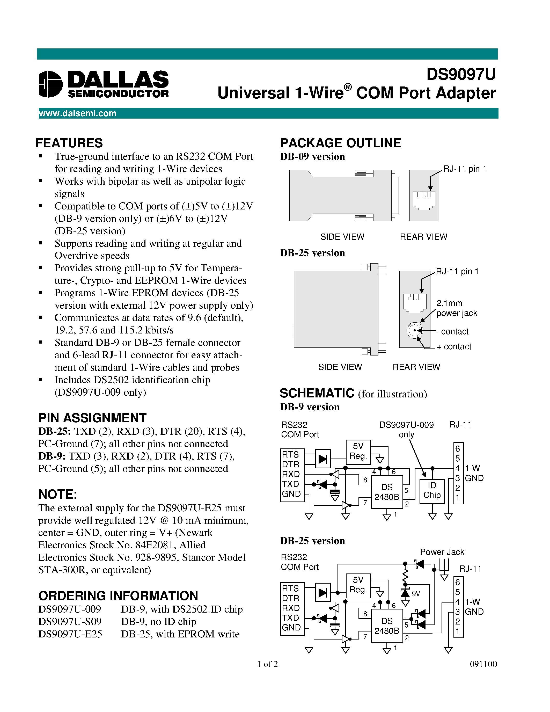 Даташит DS9097U-S09 - Universal 1-Wire COM Port Adapter страница 1