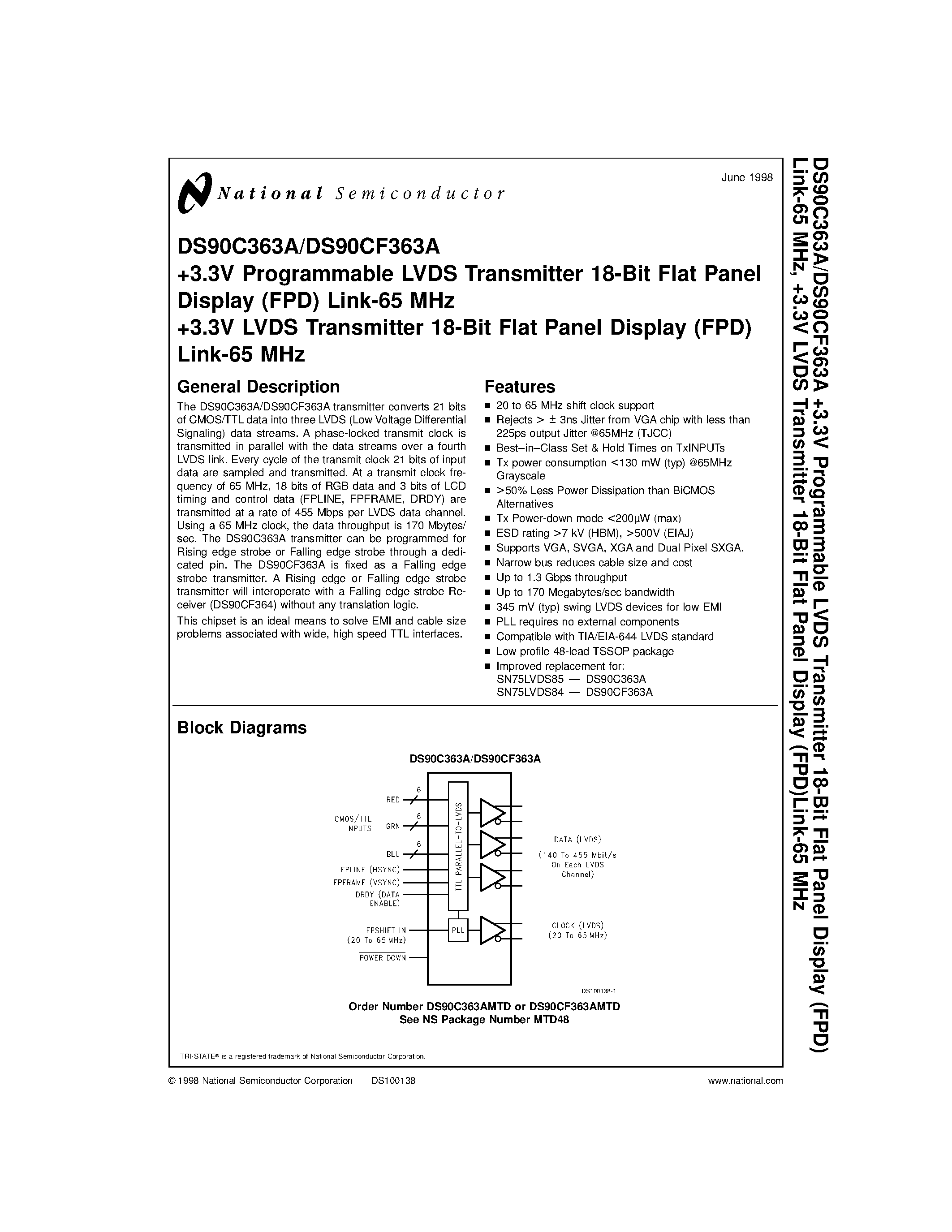 Datasheet DS90C363AMTD - +3.3V Programmable LVDS Transmitter 18-Bit Flat Panel Display (FPD) Link-65 MHz/ +3.3V LVDS Transmitter 18-Bit Flat Panel Display (FPD) Link-65 MHz page 1