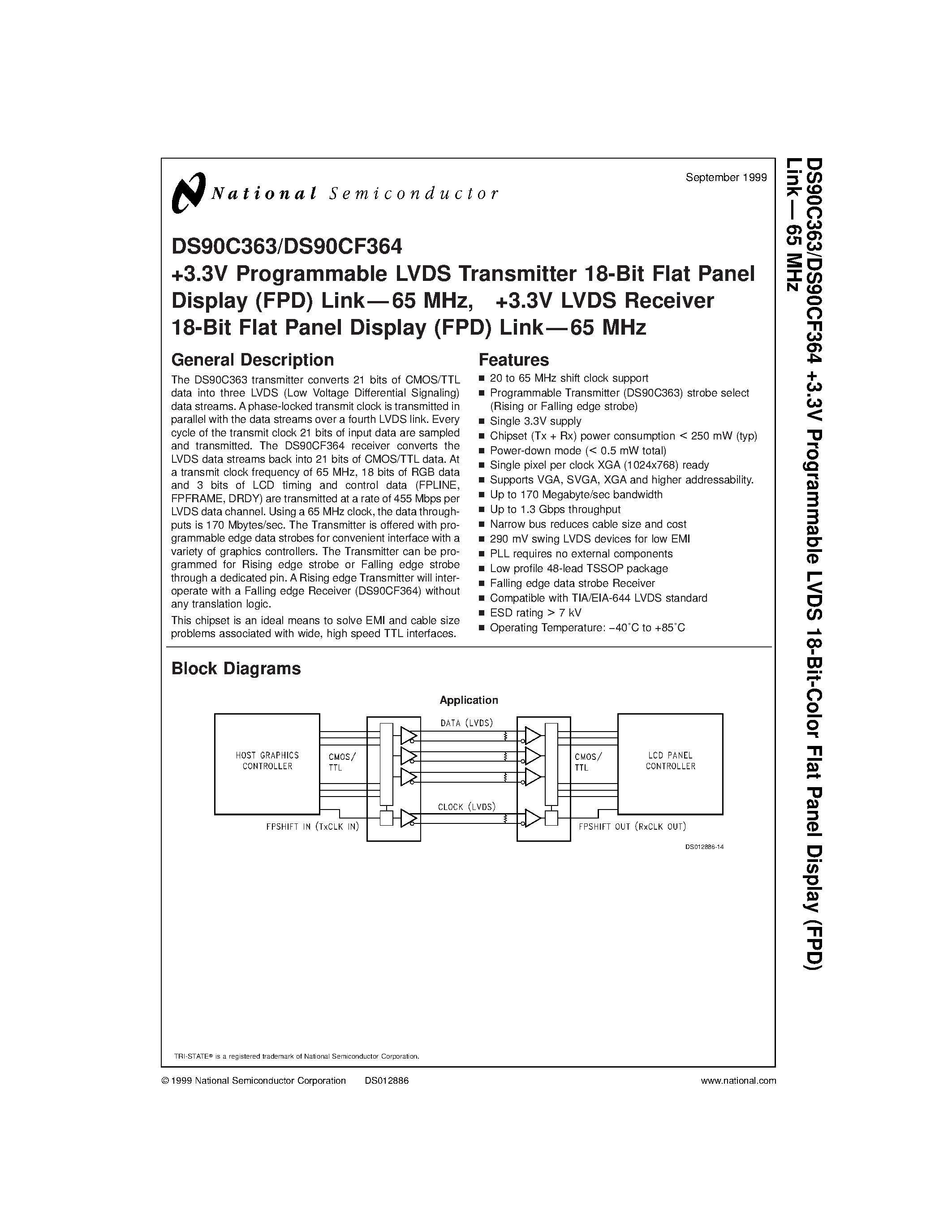 Datasheet DS90C363MTD - +3.3V Programmable LVDS Transmitter 18-Bit Flat Panel Display (FPD) Link65 MHz/ +3.3V LVDS Receiver 18-Bit Flat Panel Display (FPD) Link65 MHz page 1