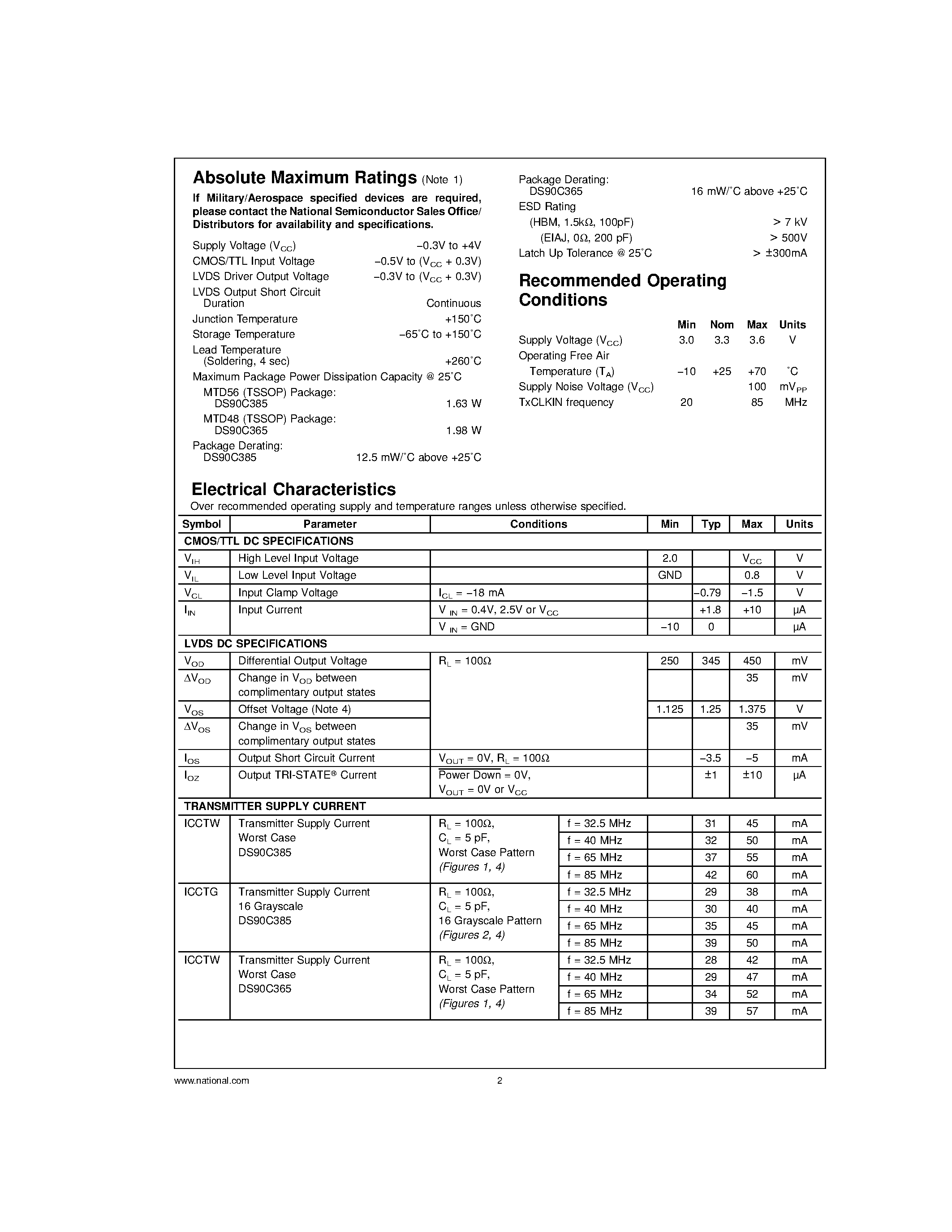 Datasheet DS90C365MTD page 2 Datasheet DS90C365MTD - +3.3V Programmable LVDS Transmitter 24-Bit Flat Panel Display (FPD) Link-85 MHz/ +3.3V Programmable LVDS Transmitter 18-Bit Flat Panel Display (FPD) L page 2