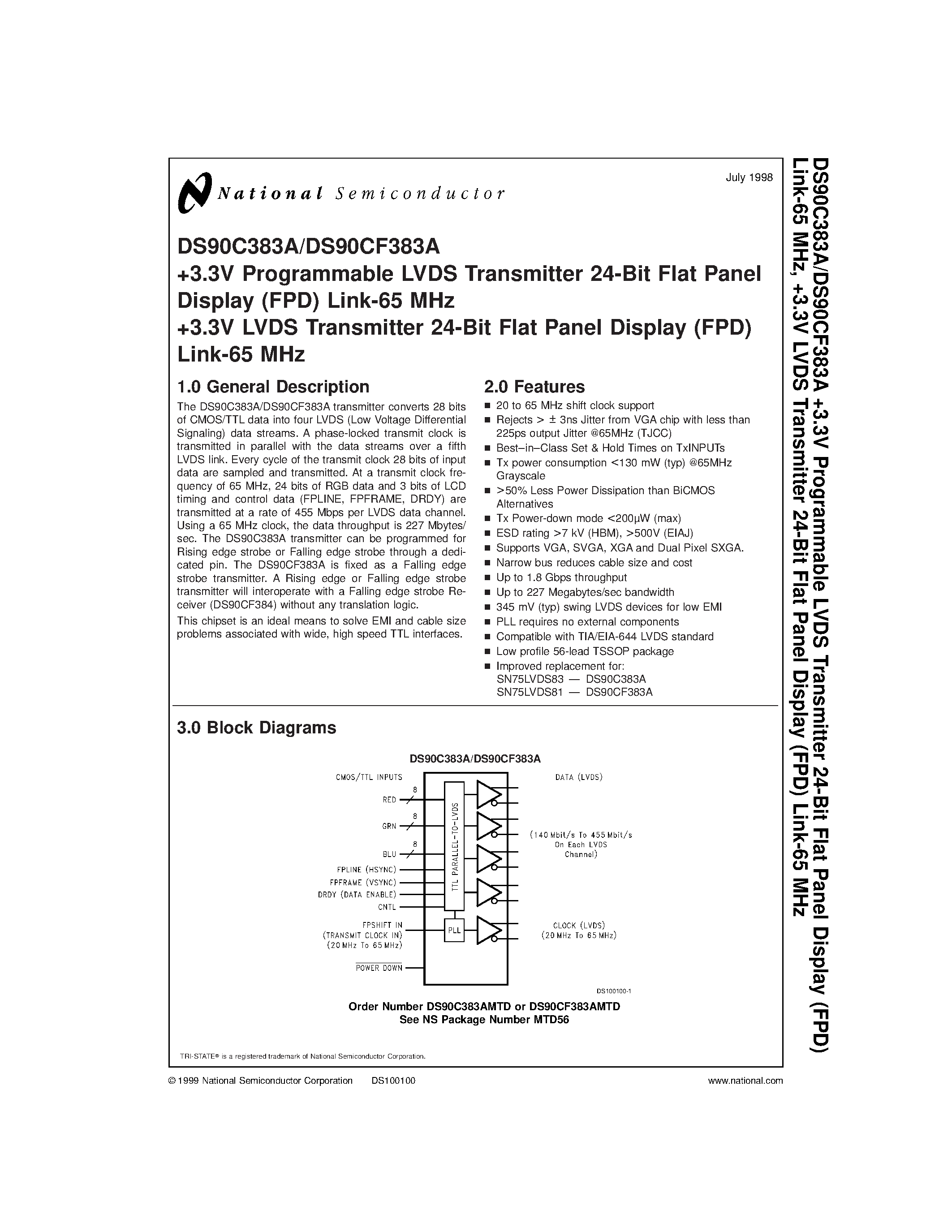 Datasheet DS90C383A - +3.3V Programmable LVDS Transmitter 24-Bit Flat Panel Display (FPD) Link-65 MHz/ +3.3V LVDS Transmitter 24-Bit Flat Panel Display (FPD) Link-65 MHz page 1