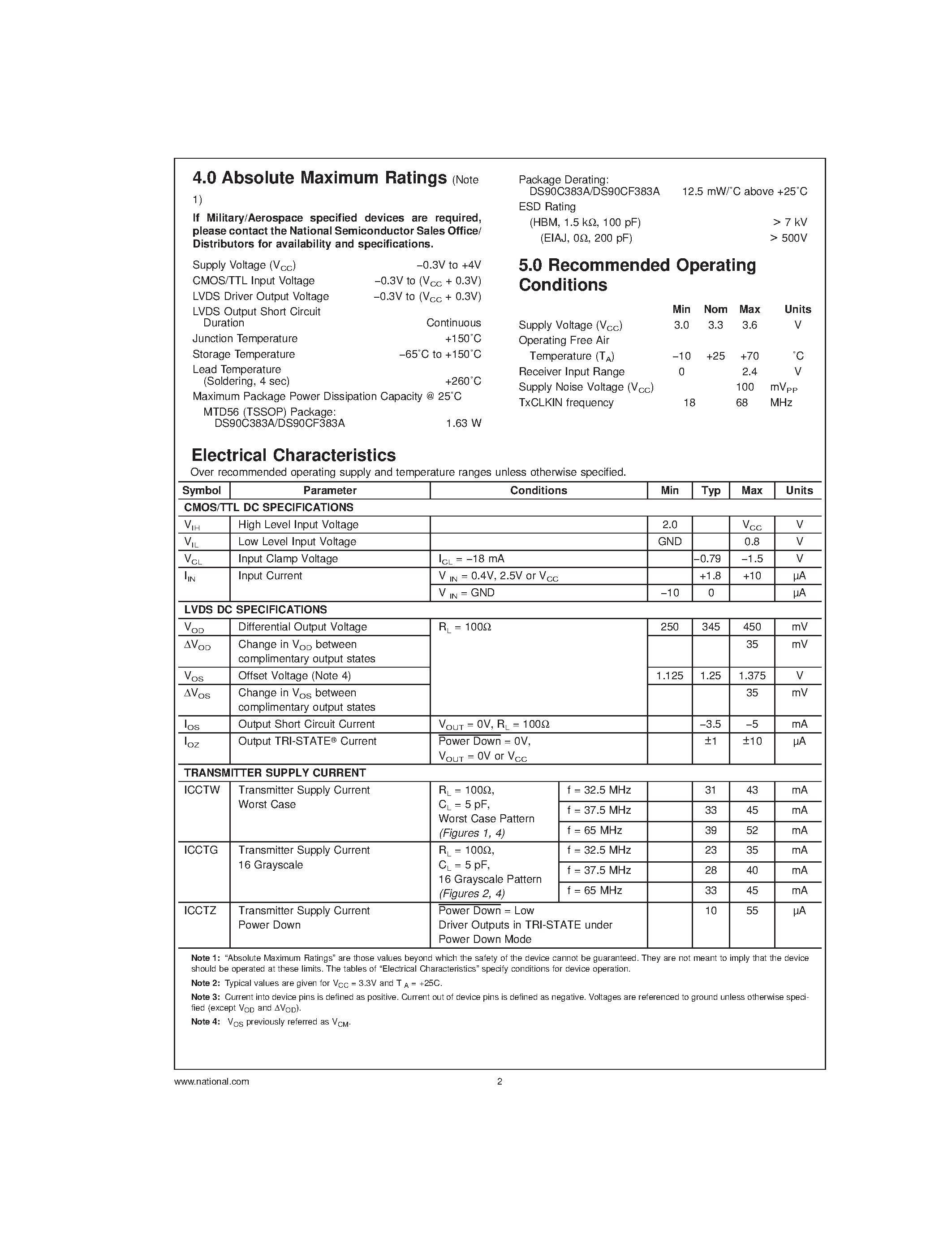 Datasheet DS90C383A - +3.3V Programmable LVDS Transmitter 24-Bit Flat Panel Display (FPD) Link-65 MHz/ +3.3V LVDS Transmitter 24-Bit Flat Panel Display (FPD) Link-65 MHz page 2
