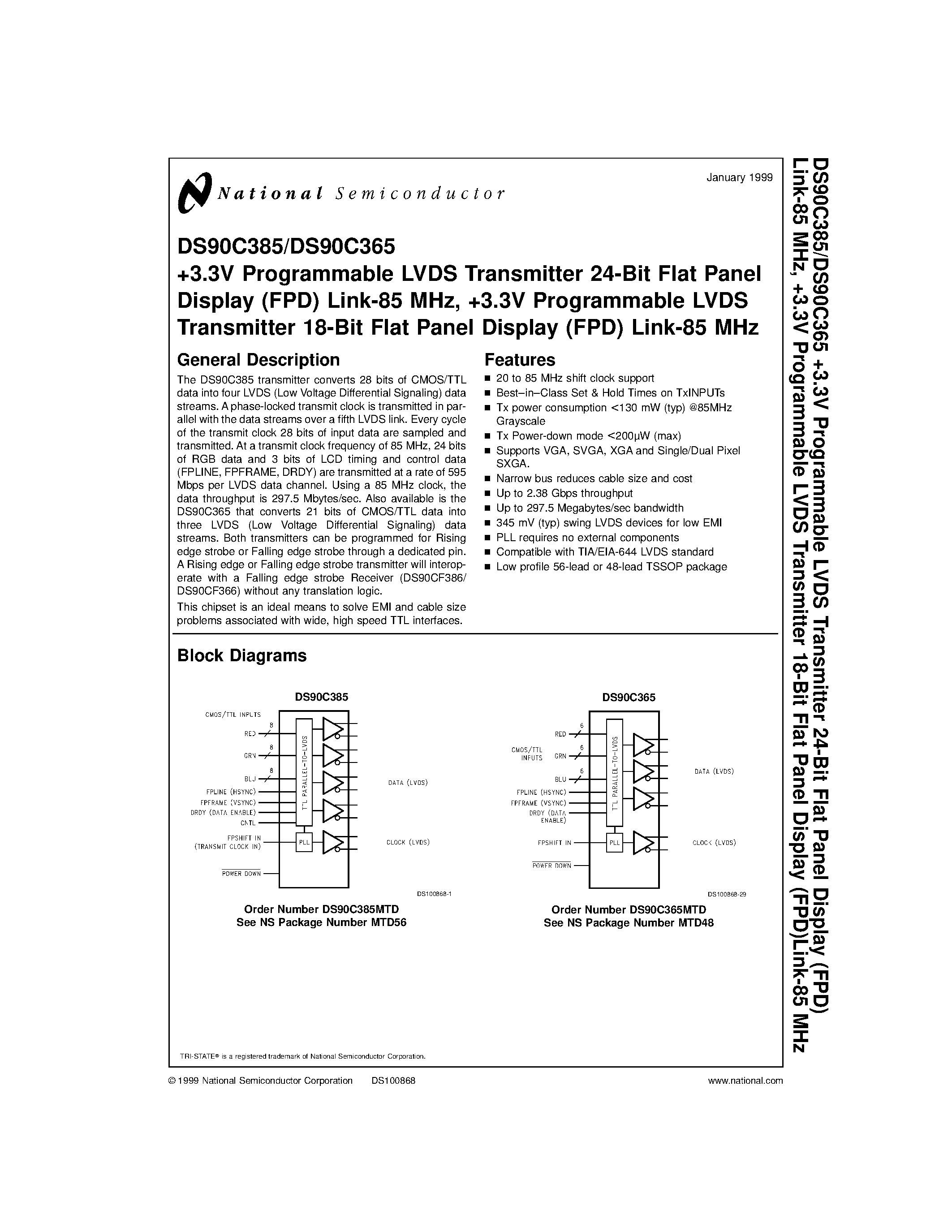 Даташит на микросхему DS90C385 страница 1 Даташит DS90C385 - +3.3V Programmable LVDS Transmitter 24-Bit Flat Panel Display (FPD) Link-85 MHz/ +3.3V Programmable LVDS Transmitter 18-Bit Flat Panel Display (FPD) L страница 1