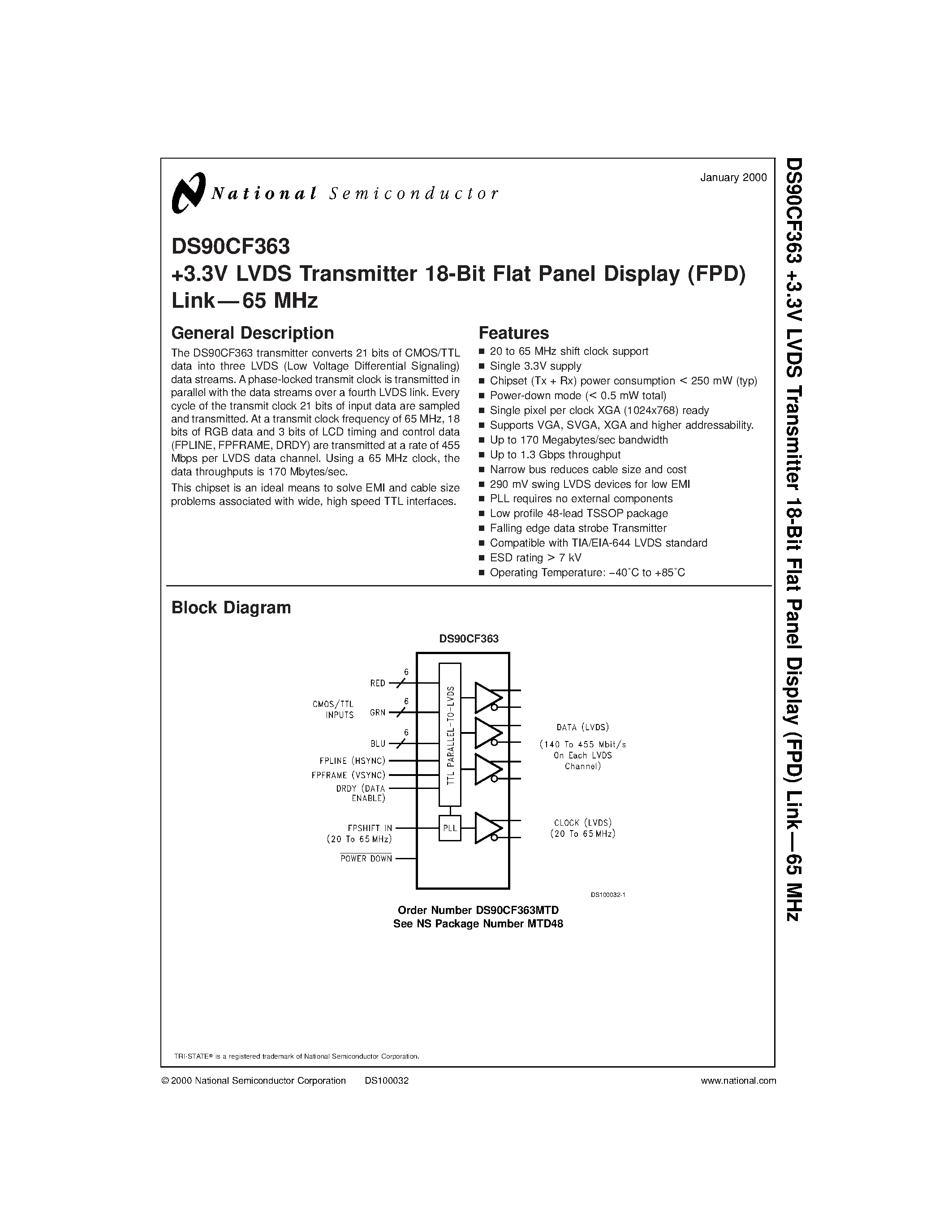 Datasheet DS90CF363 page 1 Datasheet DS90CF363 - +3.3V LVDS Transmitter 18-Bit Flat Panel Display (FPD) Link65 MHz page 1