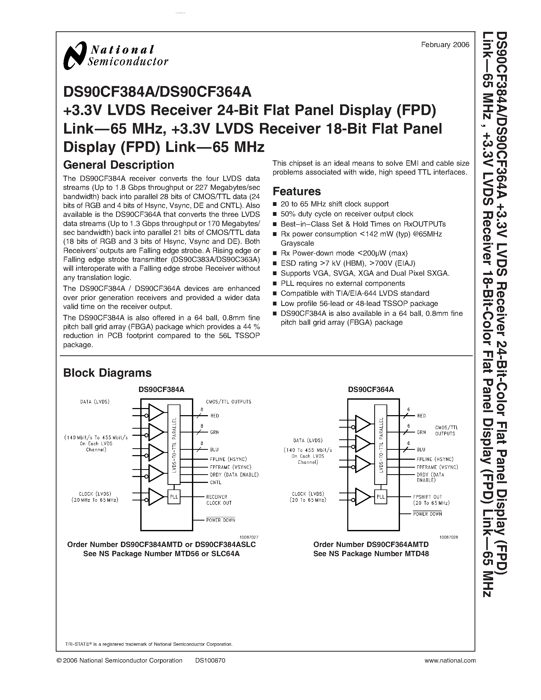 Datasheet DS90CF364AMTD - +3.3V LVDS Receiver 24-Bit Flat Panel Display (FPD) Link65 MHz/ +3.3V LVDS Receiver 18-Bit Flat Panel Display (FPD) Link65 MHz page 1