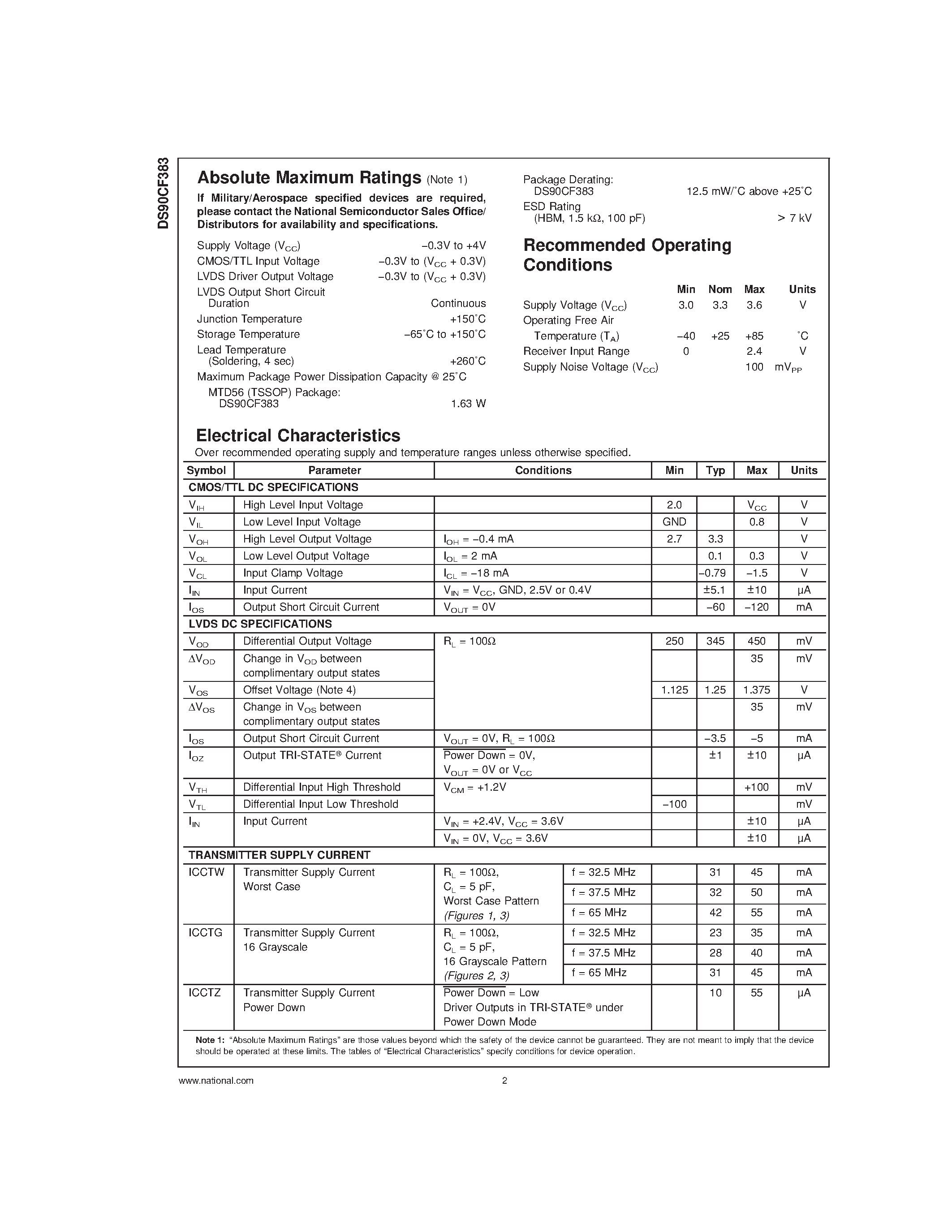 Datasheet DS90CF383MTD page 2 Datasheet DS90CF383MTD - +3.3V LVDS Transmitter 24-Bit Flat Panel Display (FPD) Link65 MHz page 2