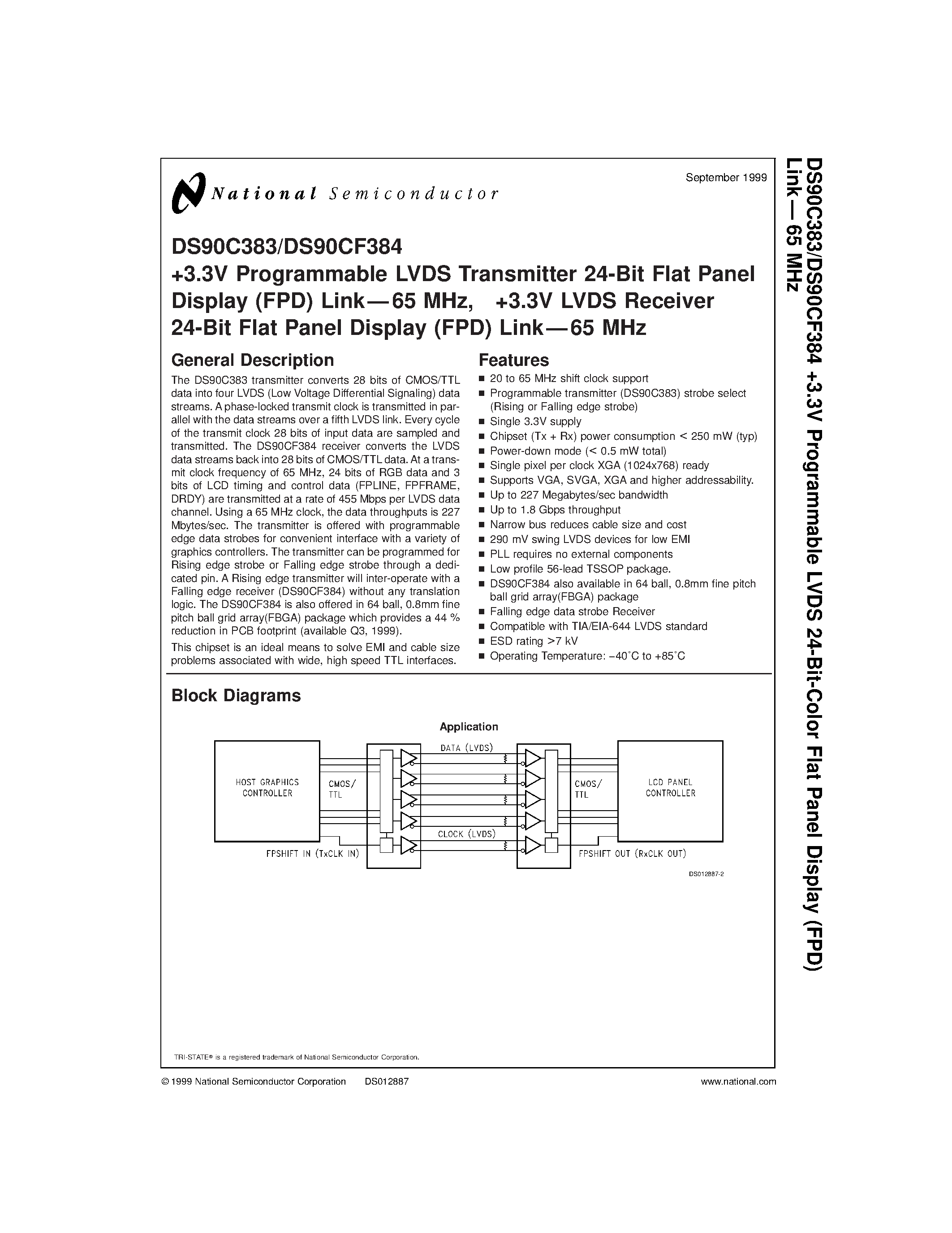 Datasheet DS90CF384 - +3.3V Programmable LVDS Transmitter 24-Bit Flat Panel Display (FPD) Link-65 MHz/ +3.3V LVDS Receiver 24-Bit Flat Panel Display (FPD) Link-65 MHz page 1