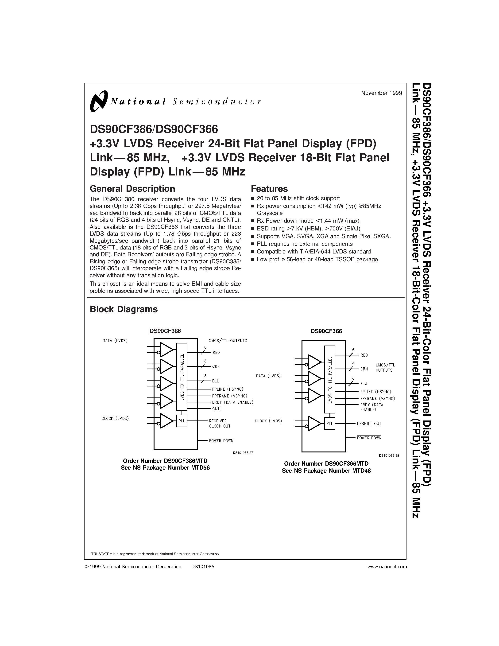 Datasheet DS90CF386 - +3.3V LVDS Receiver 24-Bit Flat Panel Display (FPD) Link85 MHz/ +3.3V LVDS Receiver 18-Bit Flat Panel Display (FPD) Link85 MHz page 1