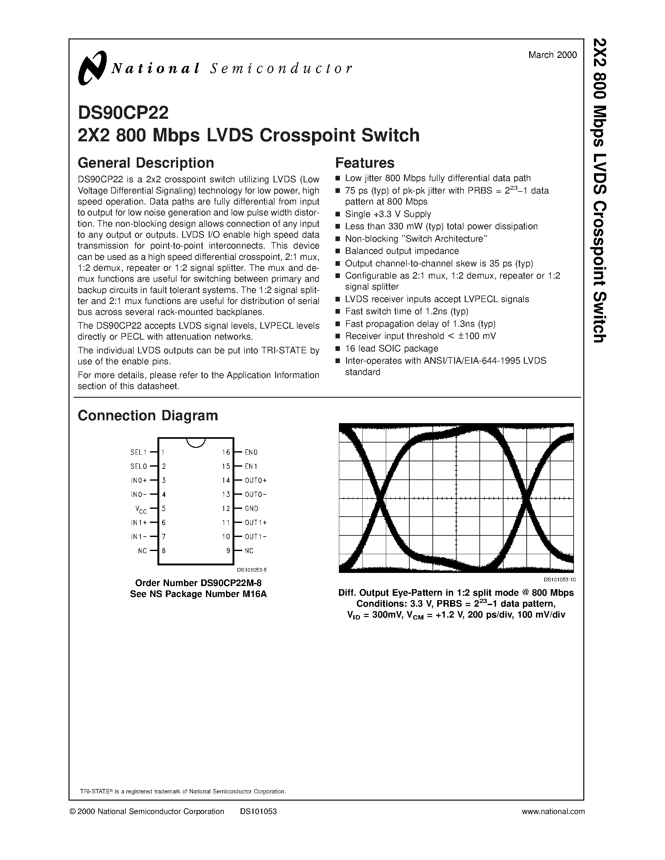 Даташит DS90CP22 - 2X2 800 Mbps LVDS Crosspoint Switch страница 1