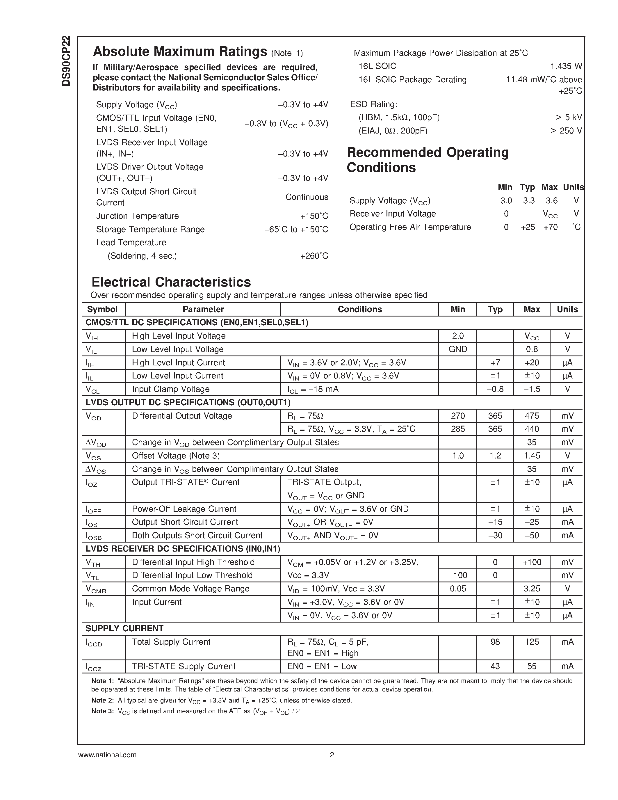 Datasheet DS90CP22M-8 - 2X2 800 Mbps LVDS Crosspoint Switch page 2