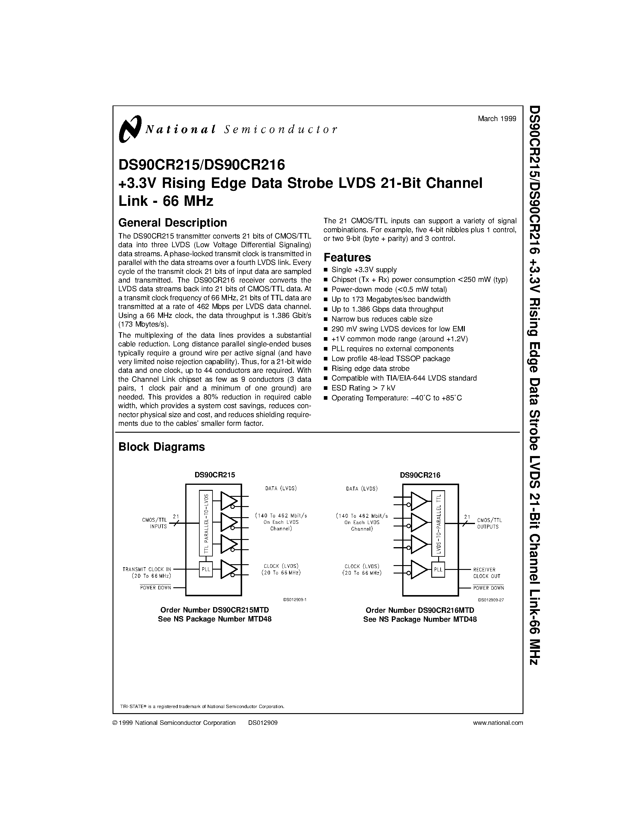 Datasheet DS90CR215 - +3.3V Rising Edge Data Strobe LVDS 21-Bit Channel Link - 66 MHz page 1