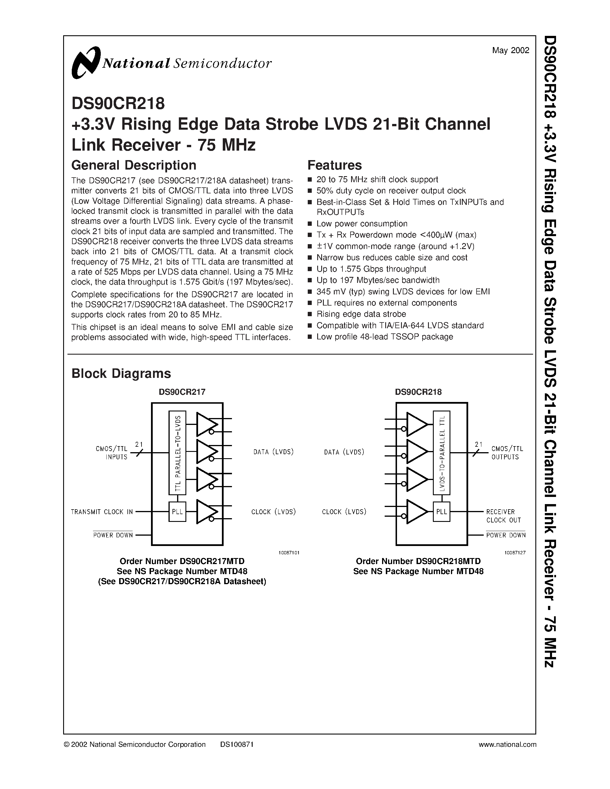 Datasheet DS90CR218 page 1 Datasheet DS90CR218 - +3.3V Rising Edge Data Strobe LVDS 21-Bit Channel Link Receiver - 75 MHz page 1