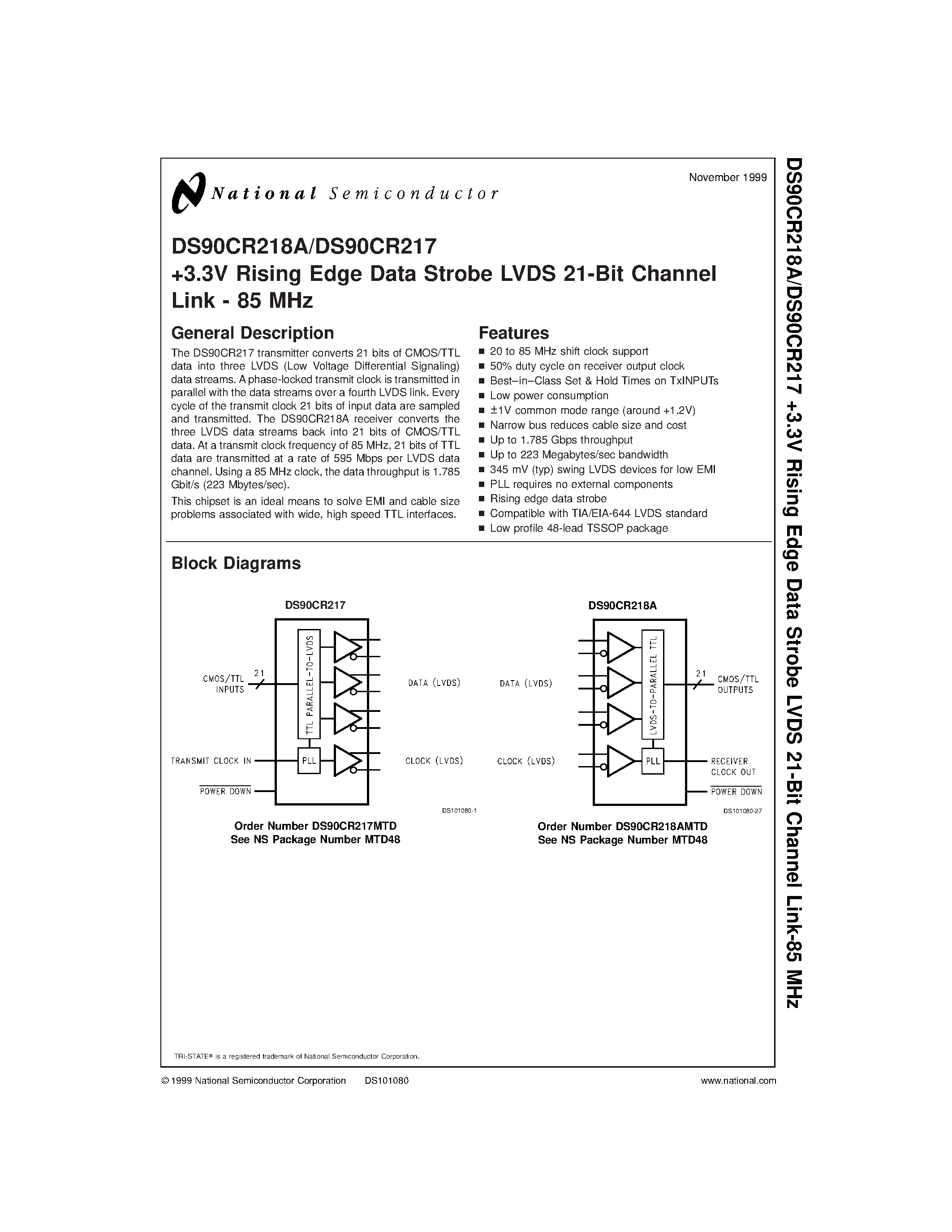 Datasheet DS90CR218AMTD page 1 Datasheet DS90CR218AMTD - +3.3V Rising Edge Data Strobe LVDS 21-Bit Channel Link - 85 MHz page 1