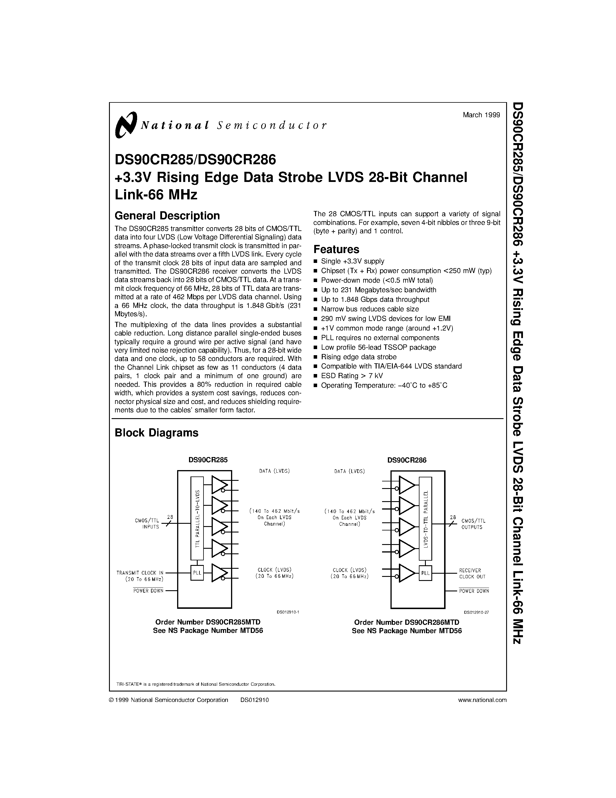 Datasheet DS90CR285MTD page 1 Datasheet DS90CR285MTD - +3.3V Rising Edge Data Strobe LVDS 28-Bit Channel Link-66 MHz page 1