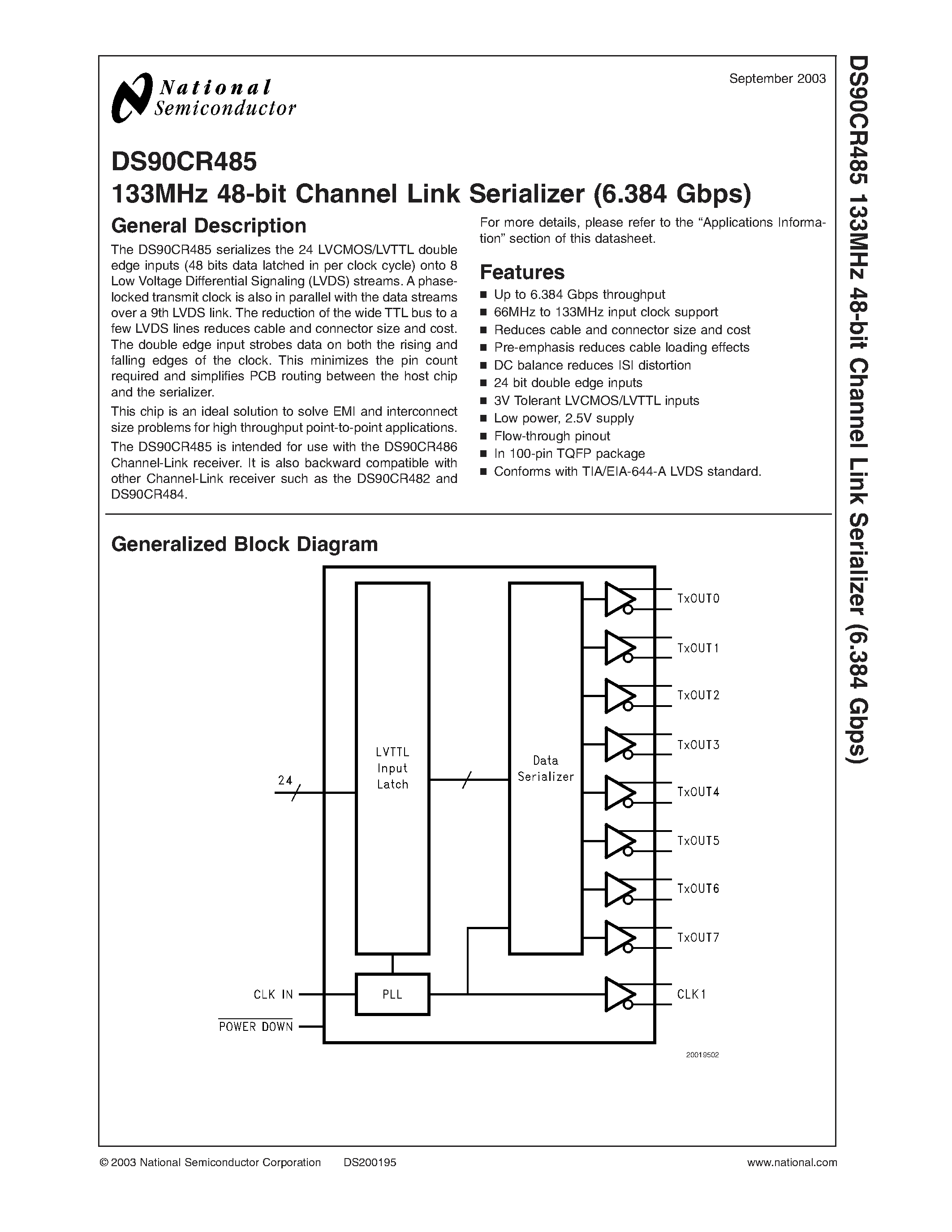 Datasheet DS90CR485 page 1 Datasheet DS90CR485 - 133MHz 48-bit Channel Link Serializer (6.384 Gbps) page 1