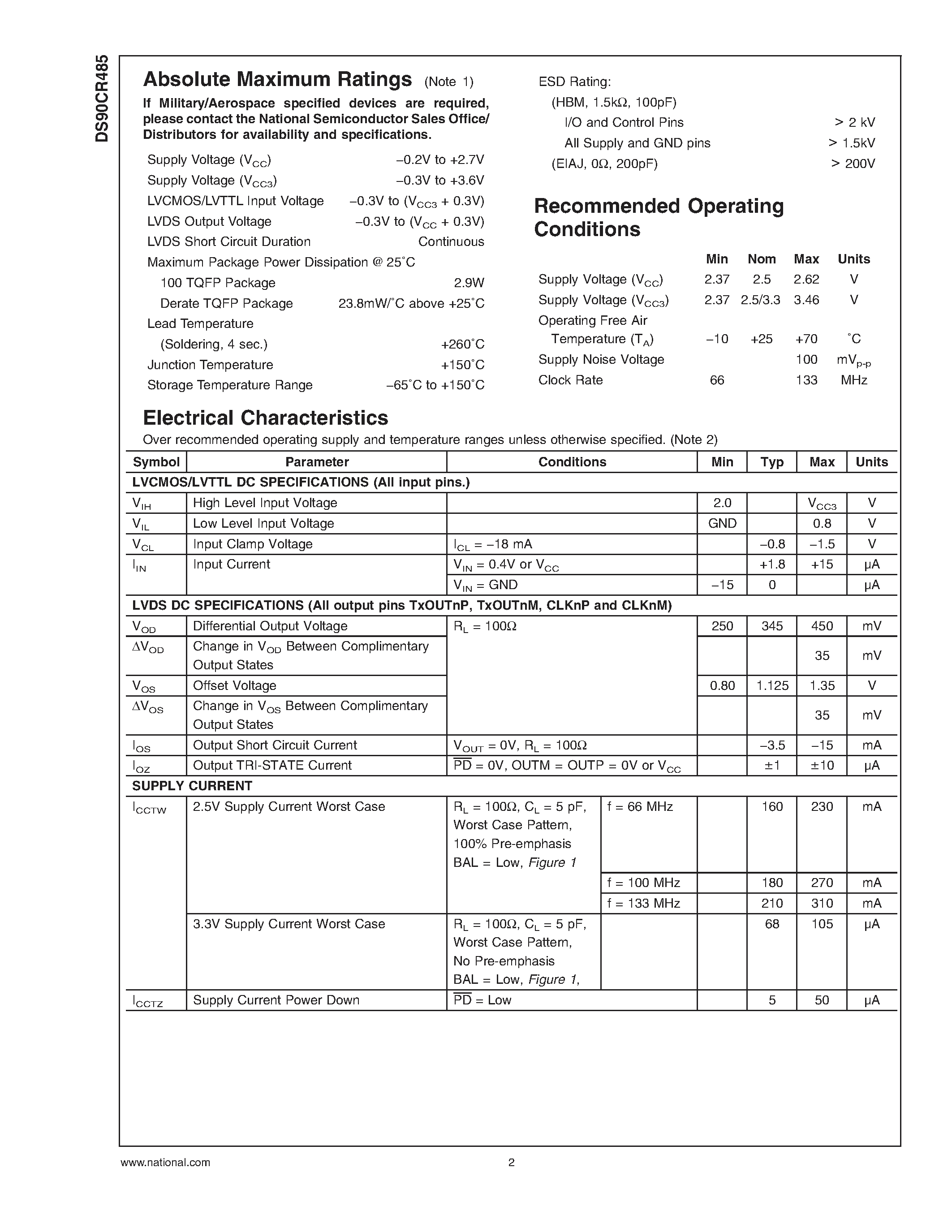 Datasheet DS90CR485 page 2 Datasheet DS90CR485 - 133MHz 48-bit Channel Link Serializer (6.384 Gbps) page 2