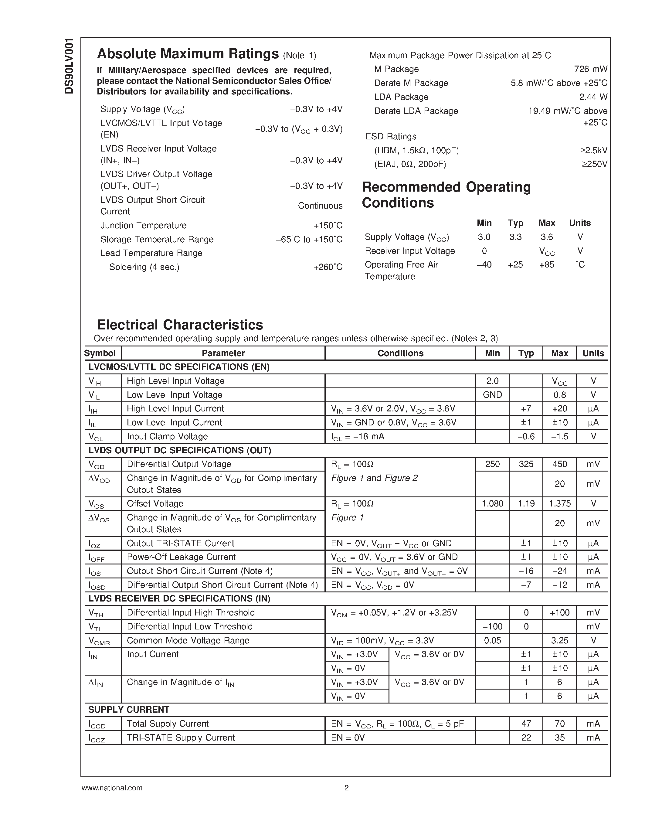 Datasheet DS90LV001 page 2 Datasheet DS90LV001 - 3.3V LVDS-LVDS Buffer page 2