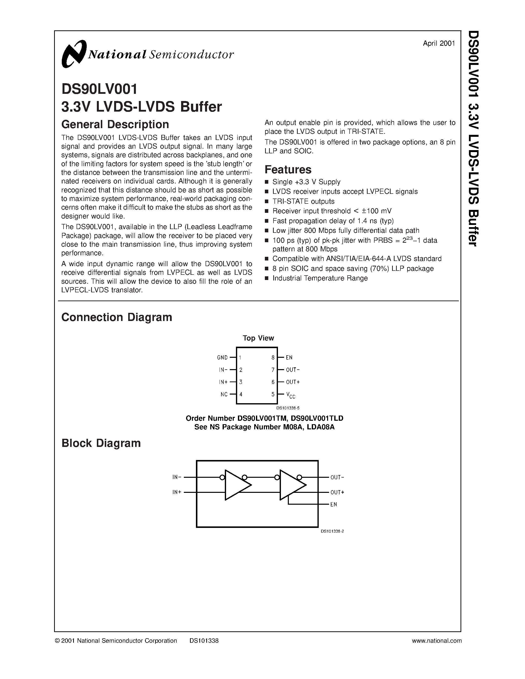 Datasheet DS90LV001TLD - 3.3V LVDS-LVDS Buffer page 1