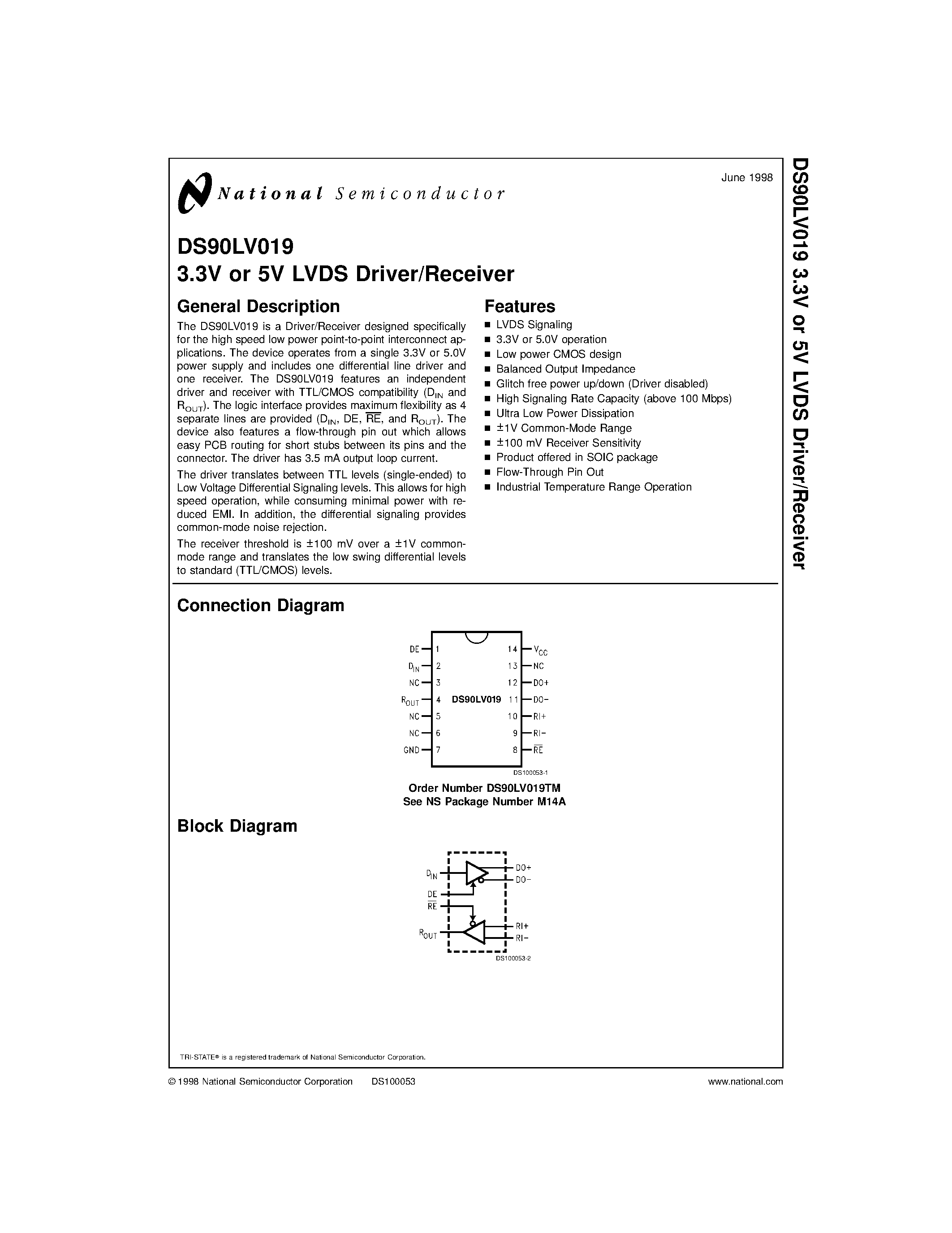 Datasheet DS90LV019TM page 1 Datasheet DS90LV019TM - 3.3V or 5V LVDS Driver/Receiver page 1