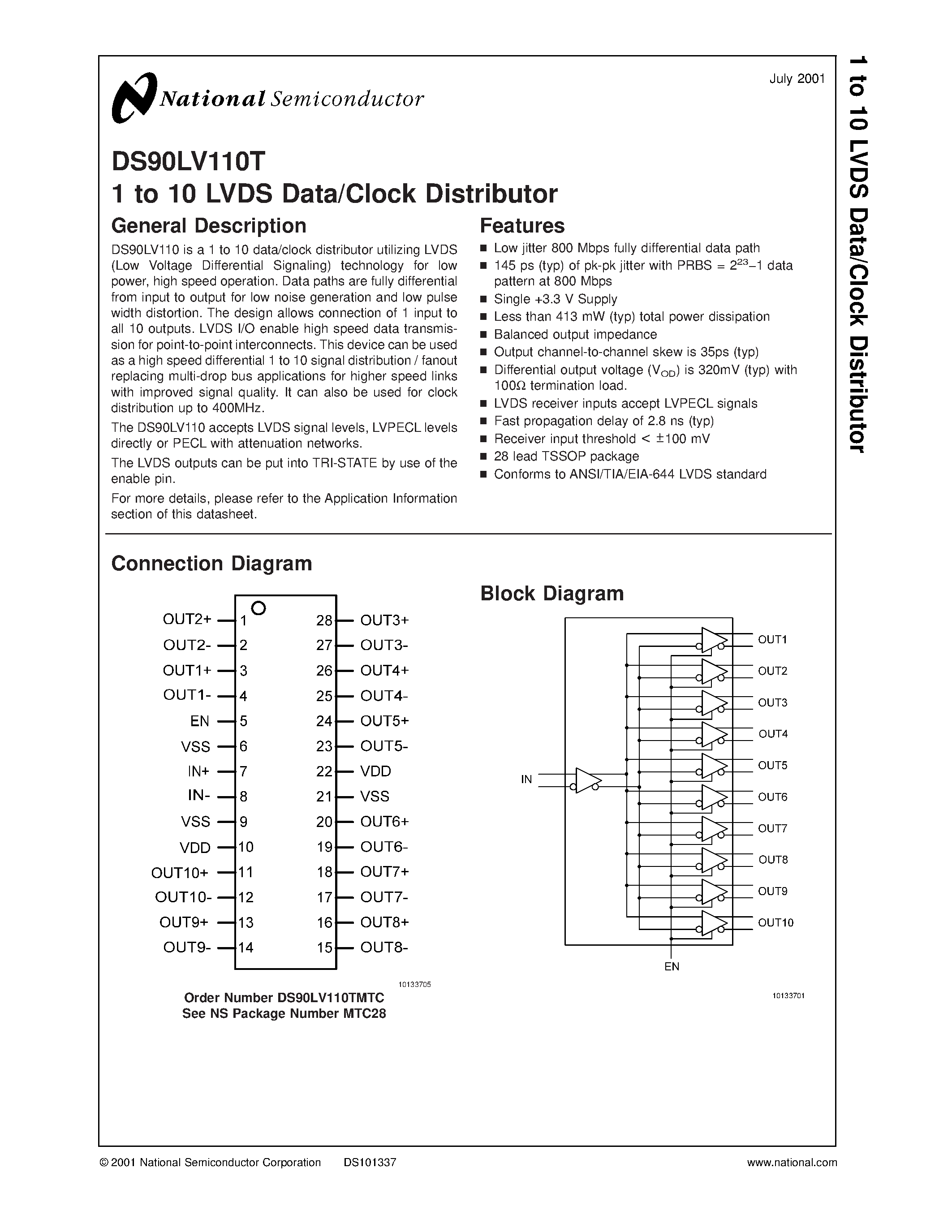 Даташит DS90LV110T - 1 to 10 LVDS Data/Clock Distributor страница 1