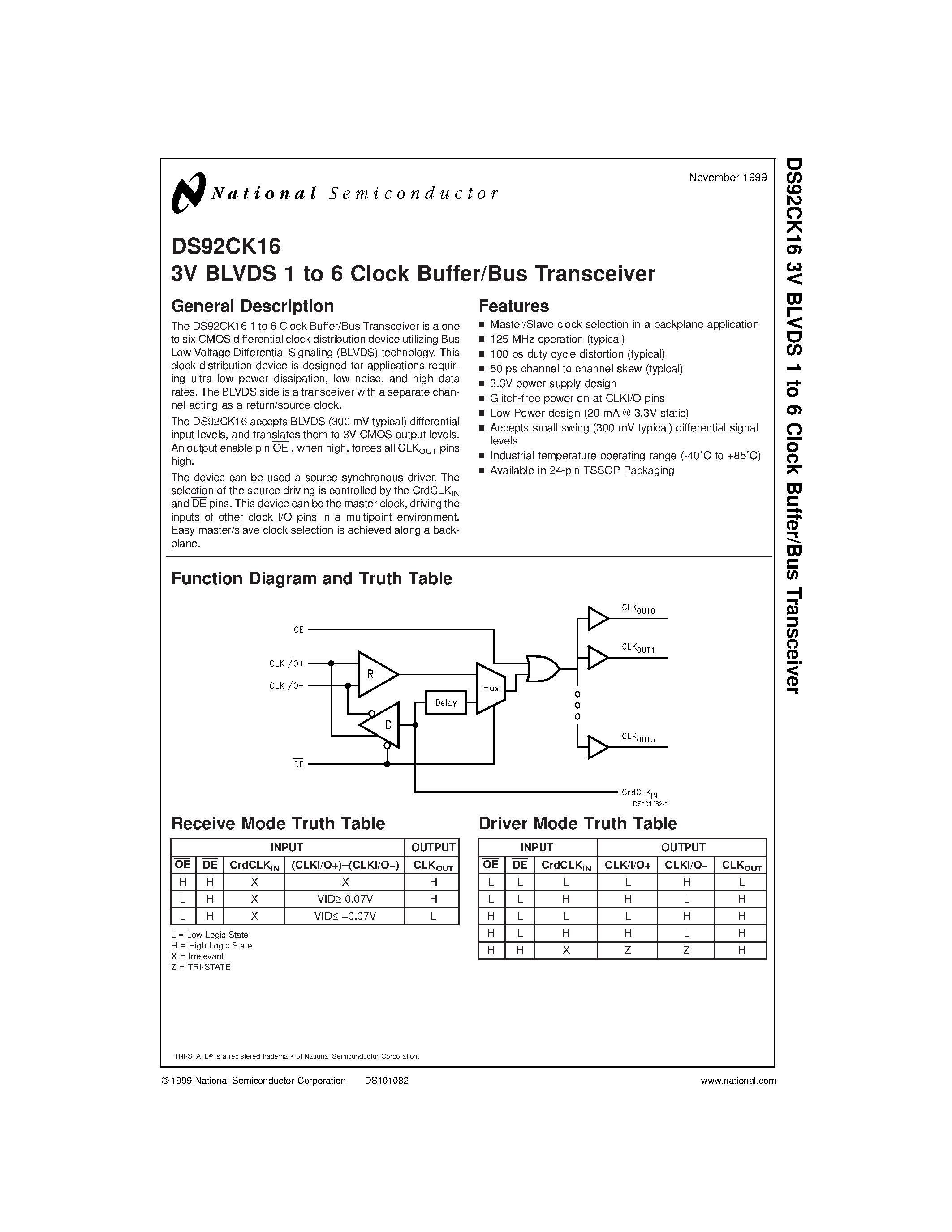 Datasheet DS92CK16 page 1 Datasheet DS92CK16 - 3V BLVDS 1 to 6 Clock Buffer/Bus Transceiver page 1