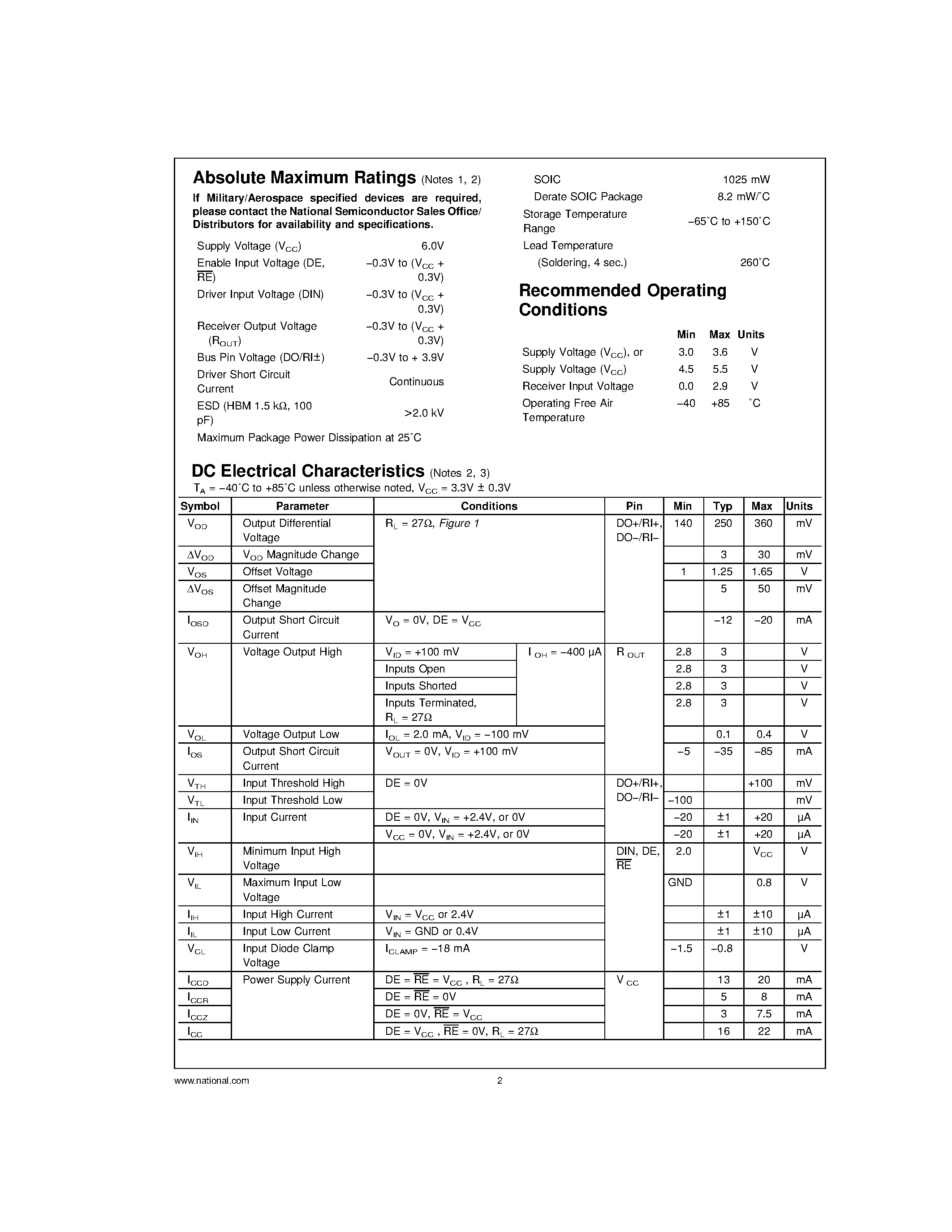 Datasheet DS92LV010A - Bus LVDS 3.3/5.0V Single Transceiver page 2
