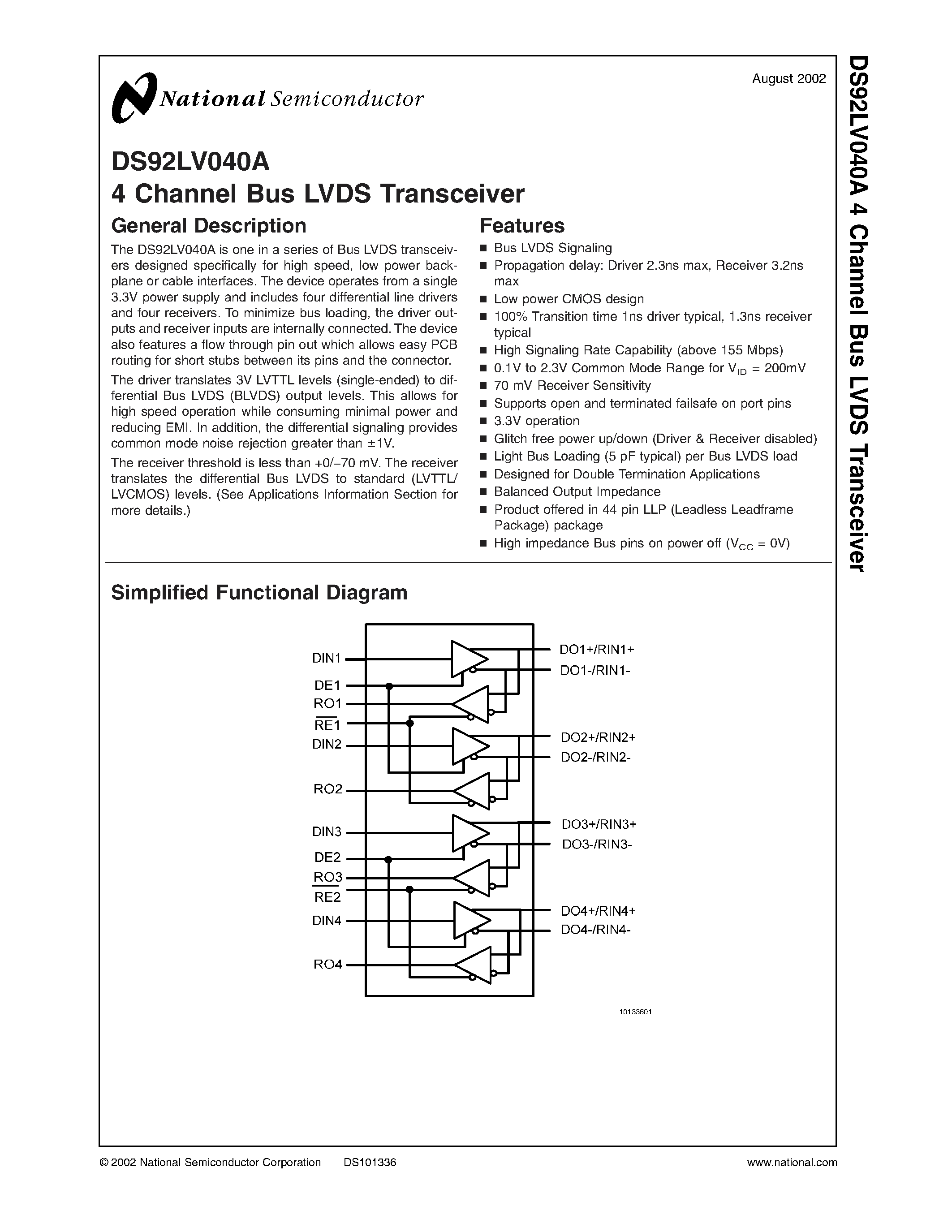 Даташит на микросхему DS92LV040A страница 1 Даташит DS92LV040A - 4 Channel Bus LVDS Transceiver страница 1