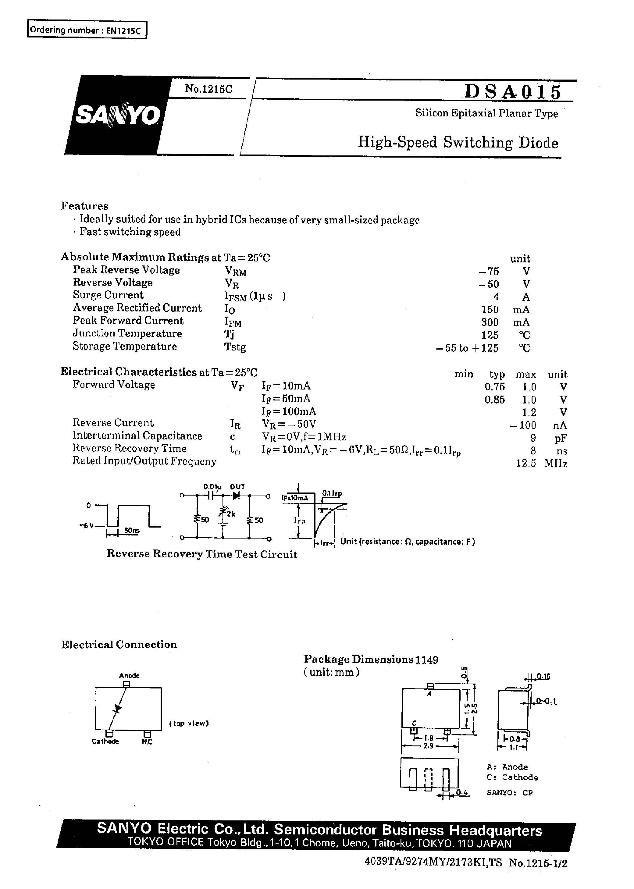 Даташит на микросхему DSA015 страница 1 Даташит DSA015 - High-Speed Switching Diode страница 1