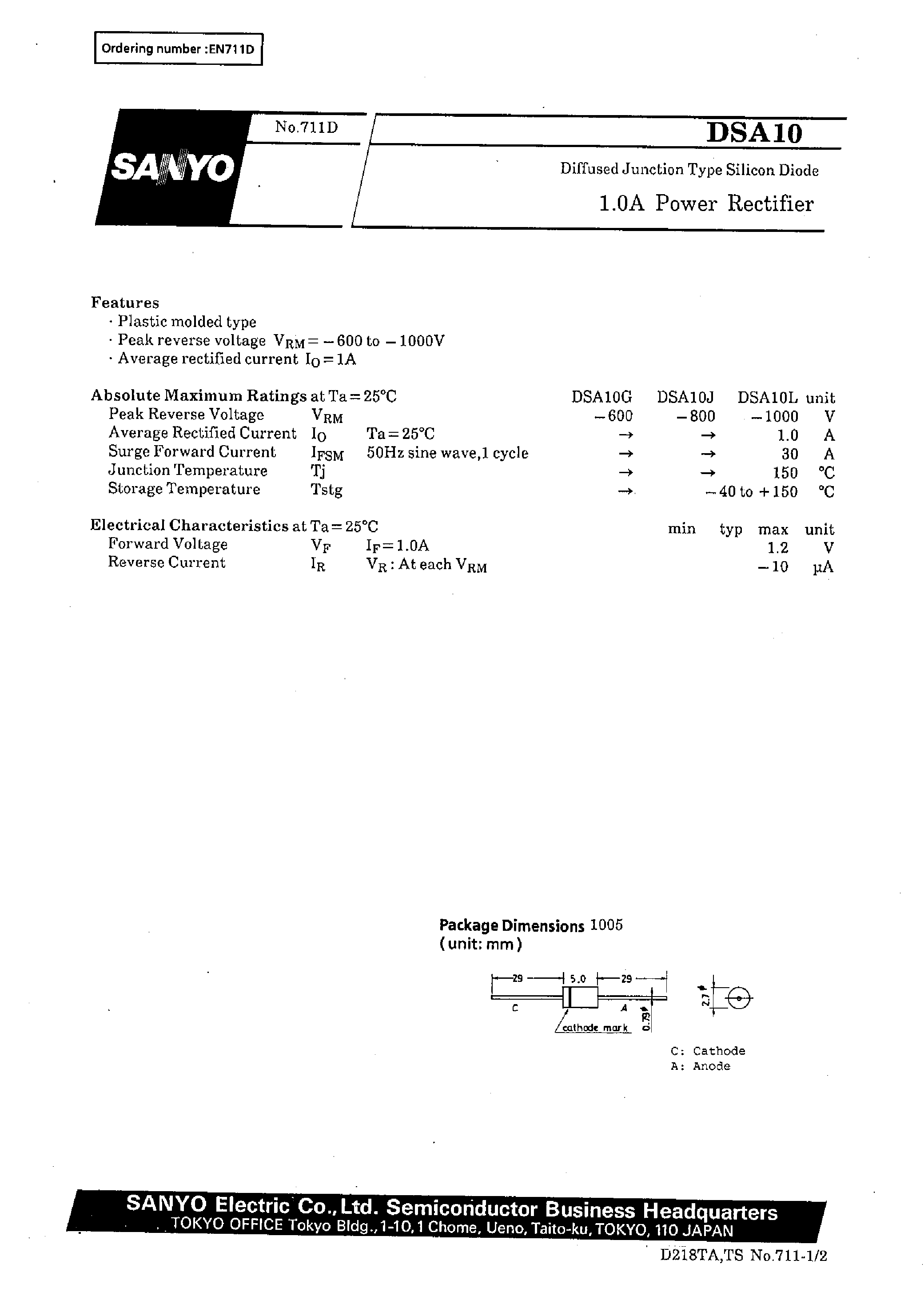 Datasheet DSA10L page 1 Datasheet DSA10L - 1.0A Power Rectifier page 1