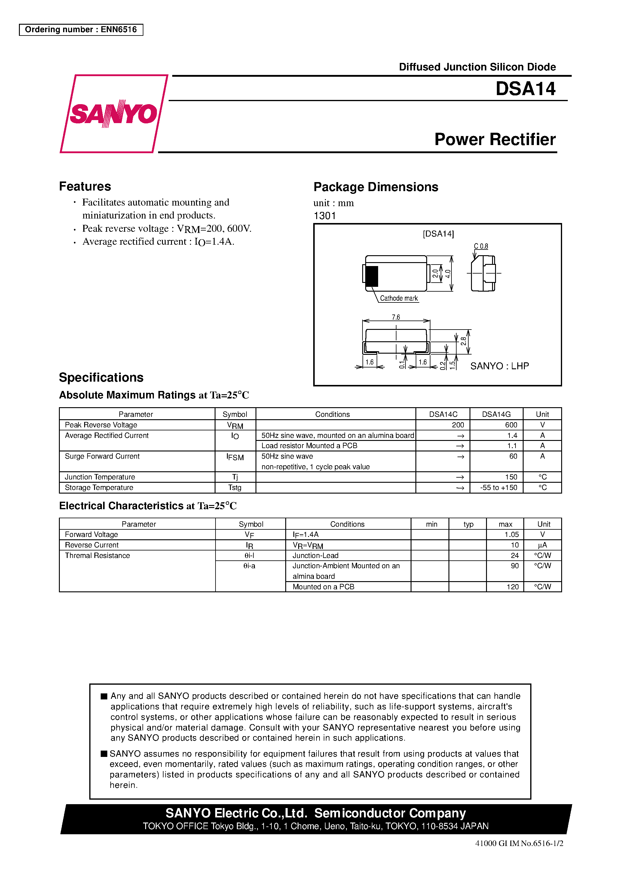 Datasheet DSA14 page 1 Datasheet DSA14 - Power Rectifier page 1