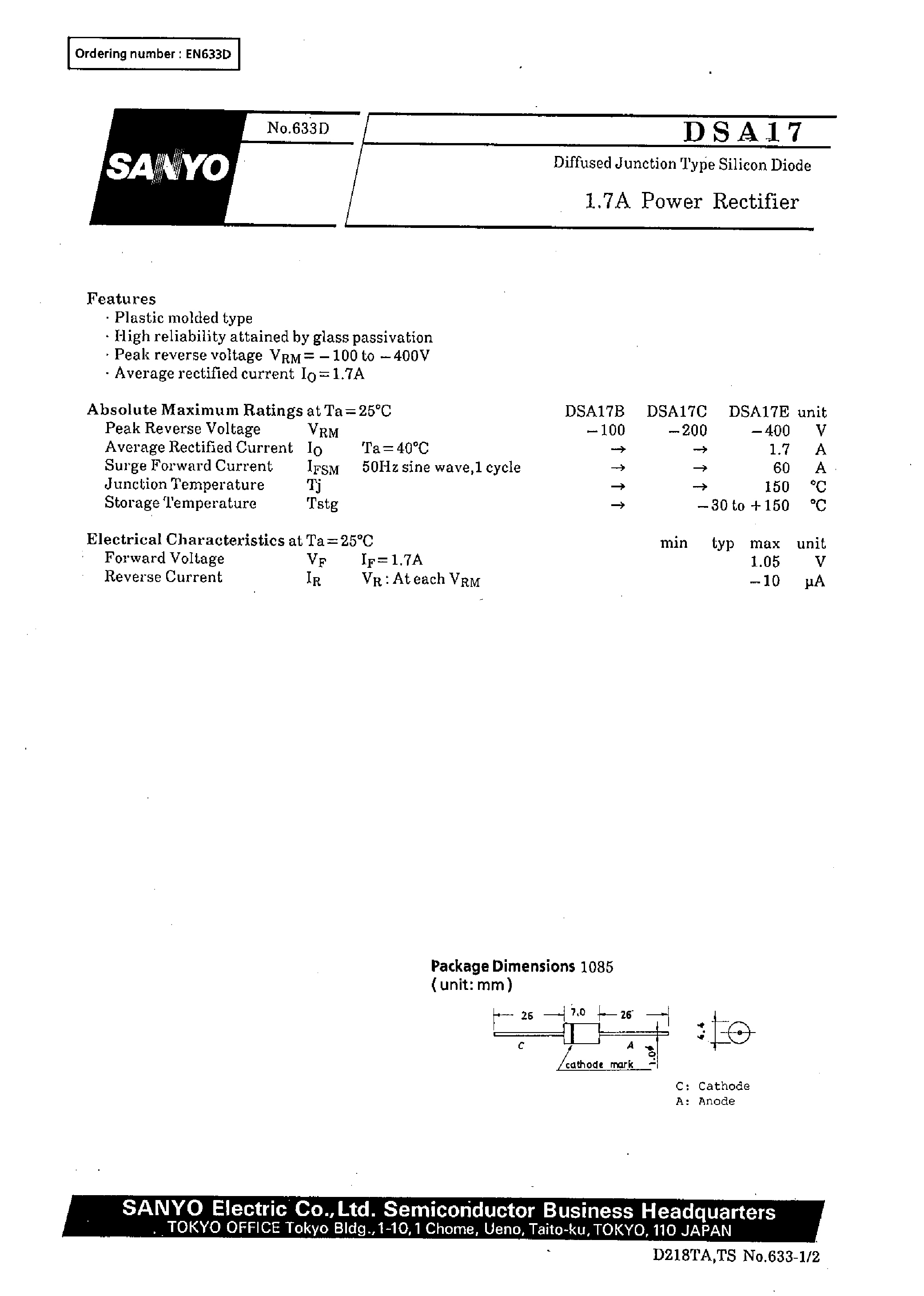 Datasheet DSA17 - 1.7A Power Rectifier page 1