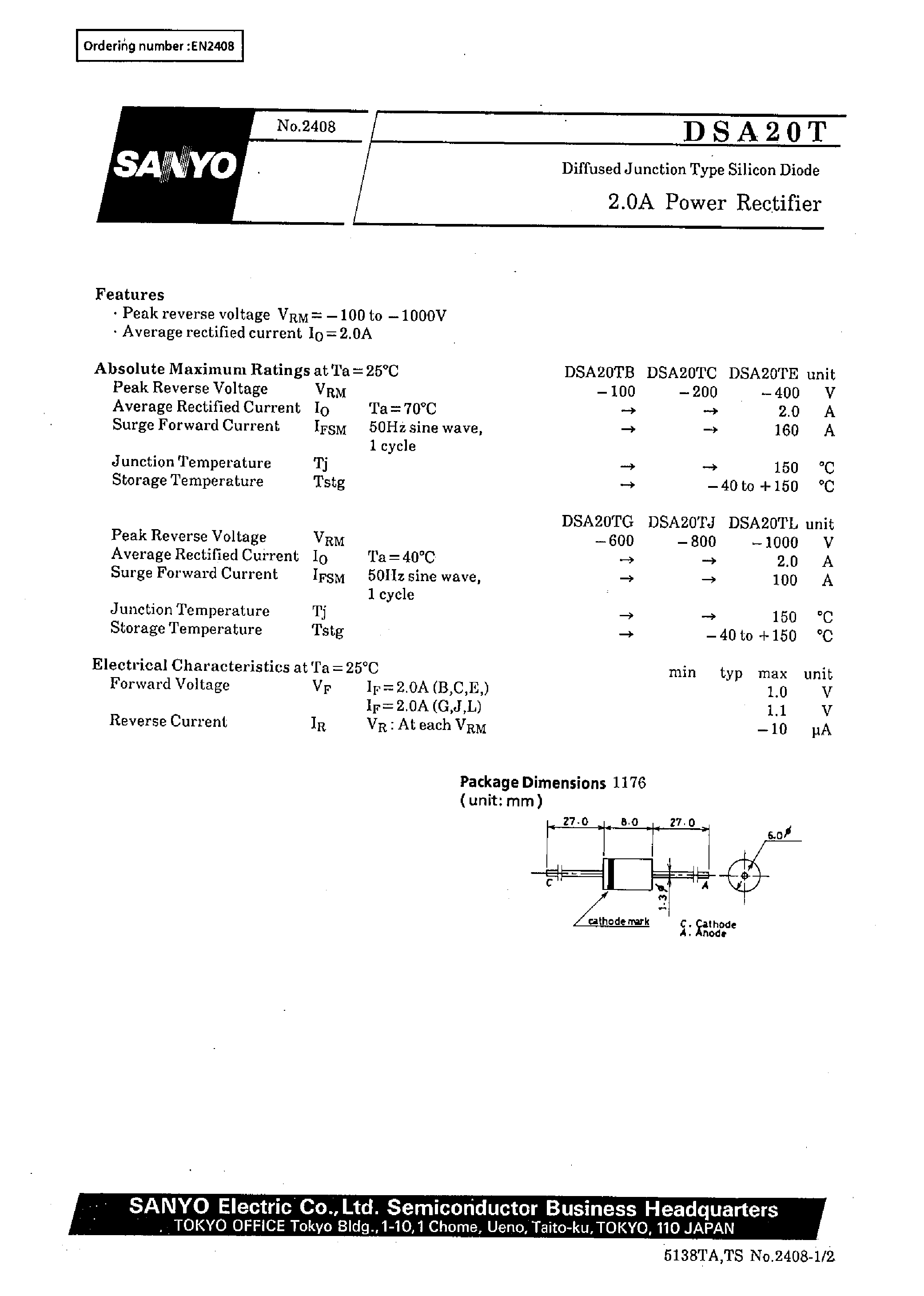 Datasheet DSA20TL page 1 Datasheet DSA20TL - 2.0A Power Rectifier page 1