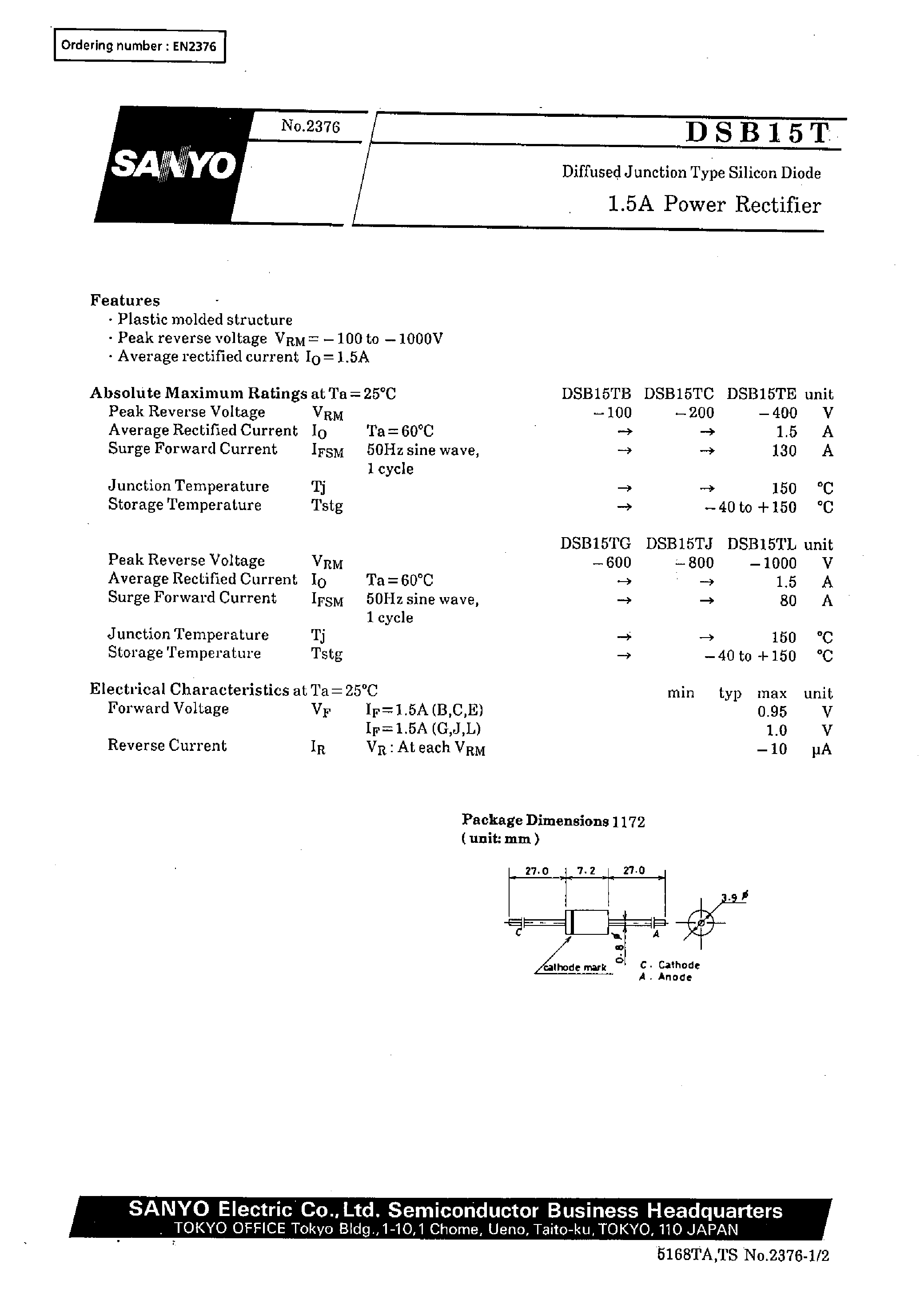 Datasheet DSB15T page 1 Datasheet DSB15T - 1.5A Power Rectifier page 1